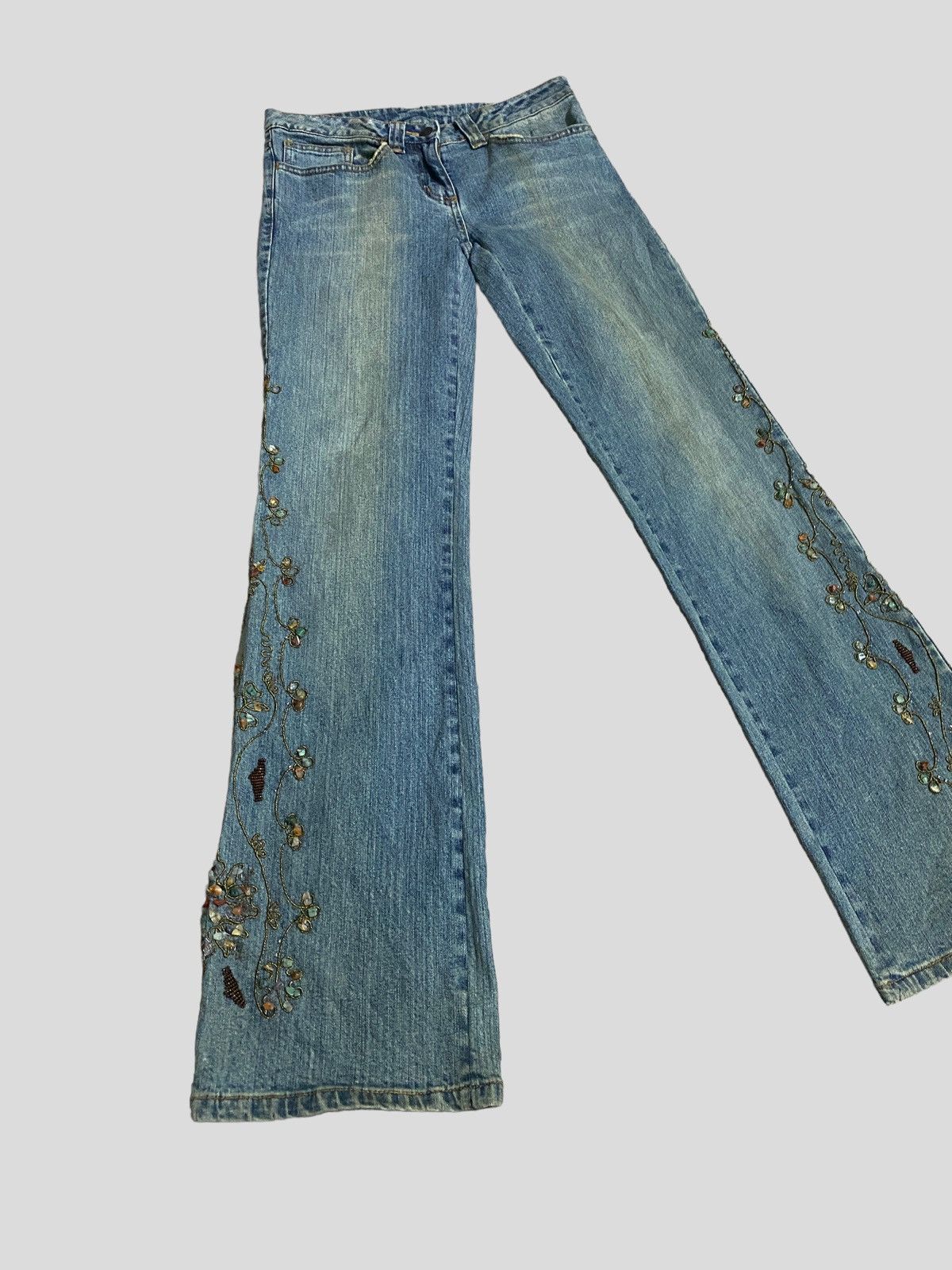 image of I N C x Vintage Flare Jeans I.n.c International Embroided Rock Design in Blue, Women's (Size 28)
