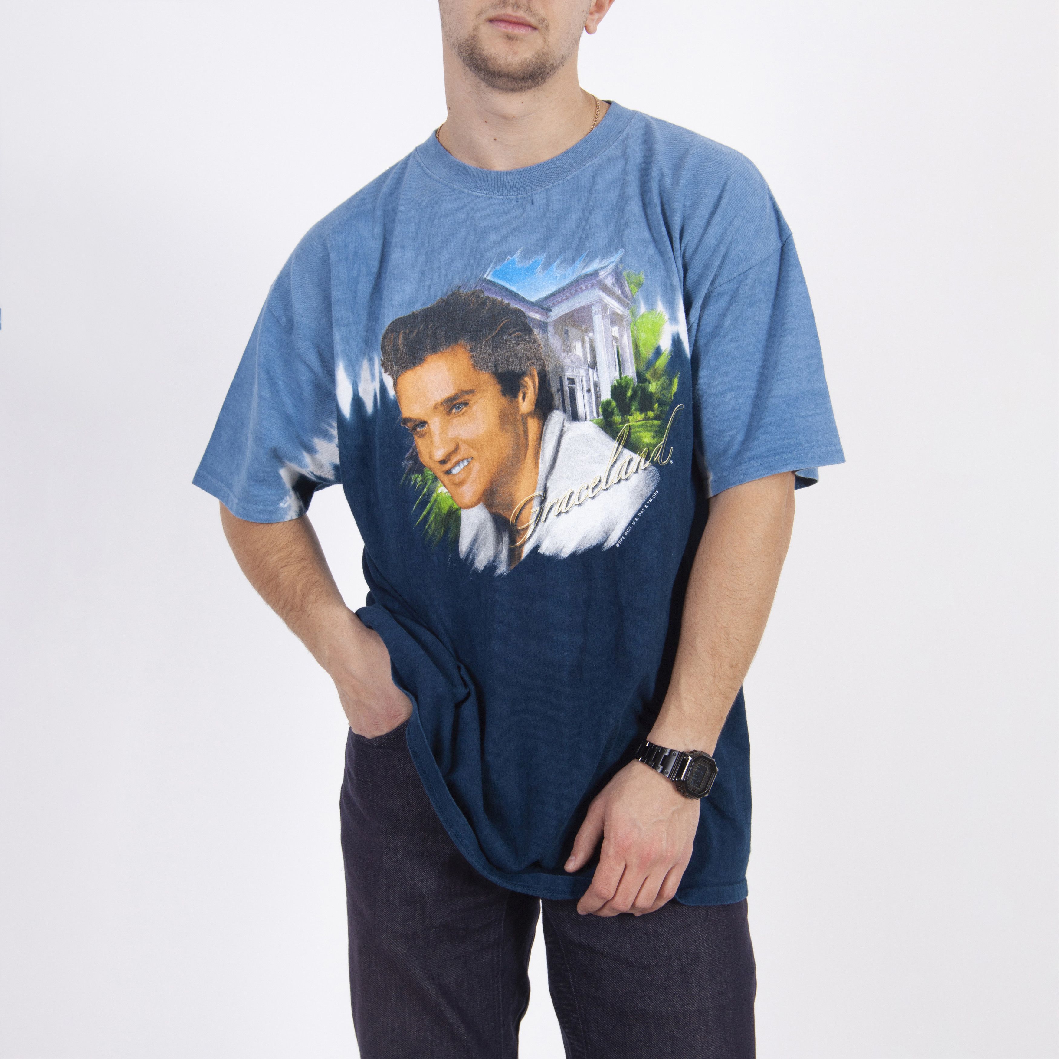 Band Tees × Vintage Vintage 90s Elvis Presley Tee Blue Dye T-Shirt Size US XL / EU 56 / 4 - 3 Thumbnail
