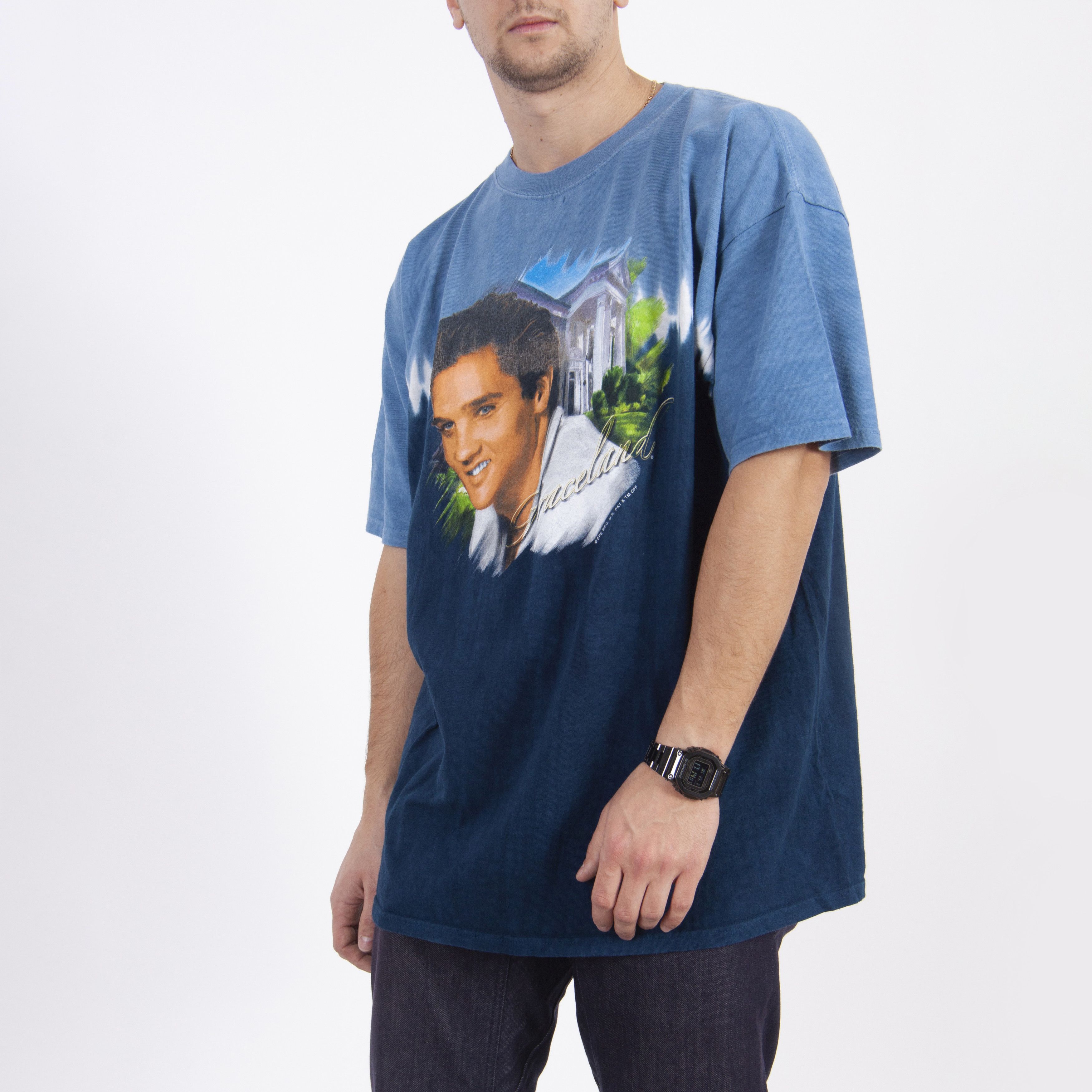 Band Tees × Vintage Vintage 90s Elvis Presley Tee Blue Dye T-Shirt Size US XL / EU 56 / 4 - 2 Thumbnail