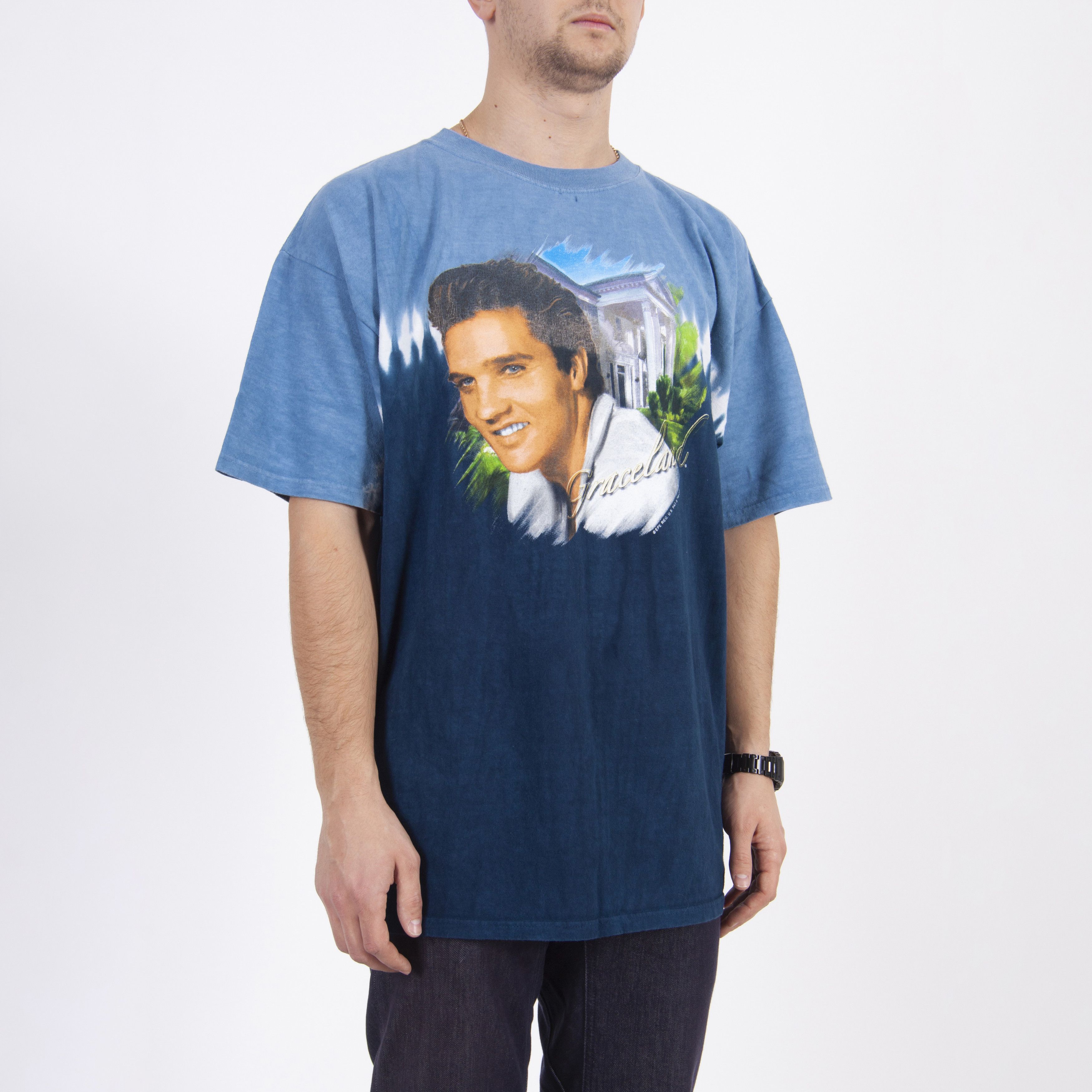Band Tees × Vintage Vintage 90s Elvis Presley Tee Blue Dye T-Shirt Size US XL / EU 56 / 4 - 7 Thumbnail
