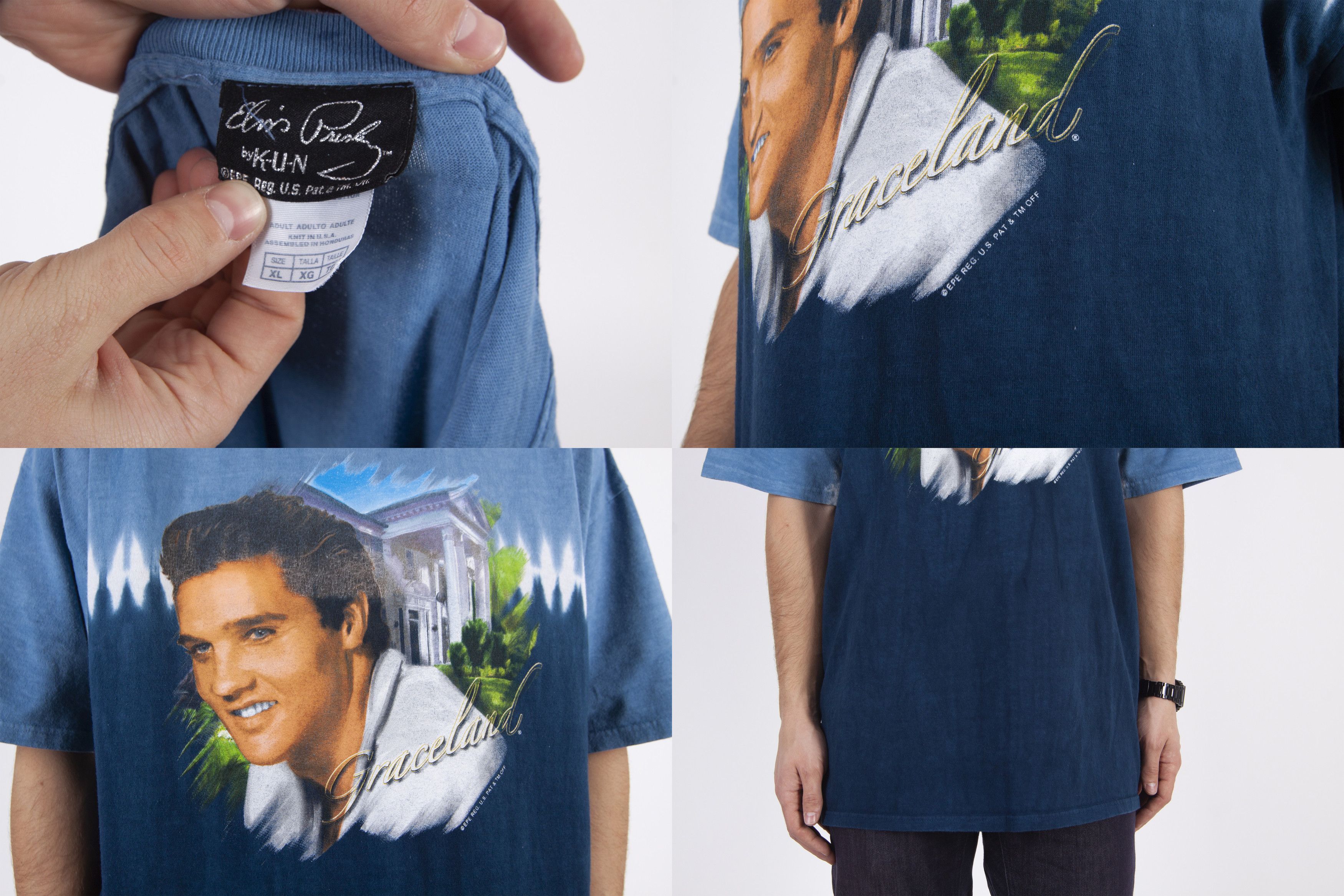 Band Tees × Vintage Vintage 90s Elvis Presley Tee Blue Dye T-Shirt Size US XL / EU 56 / 4 - 8 Thumbnail