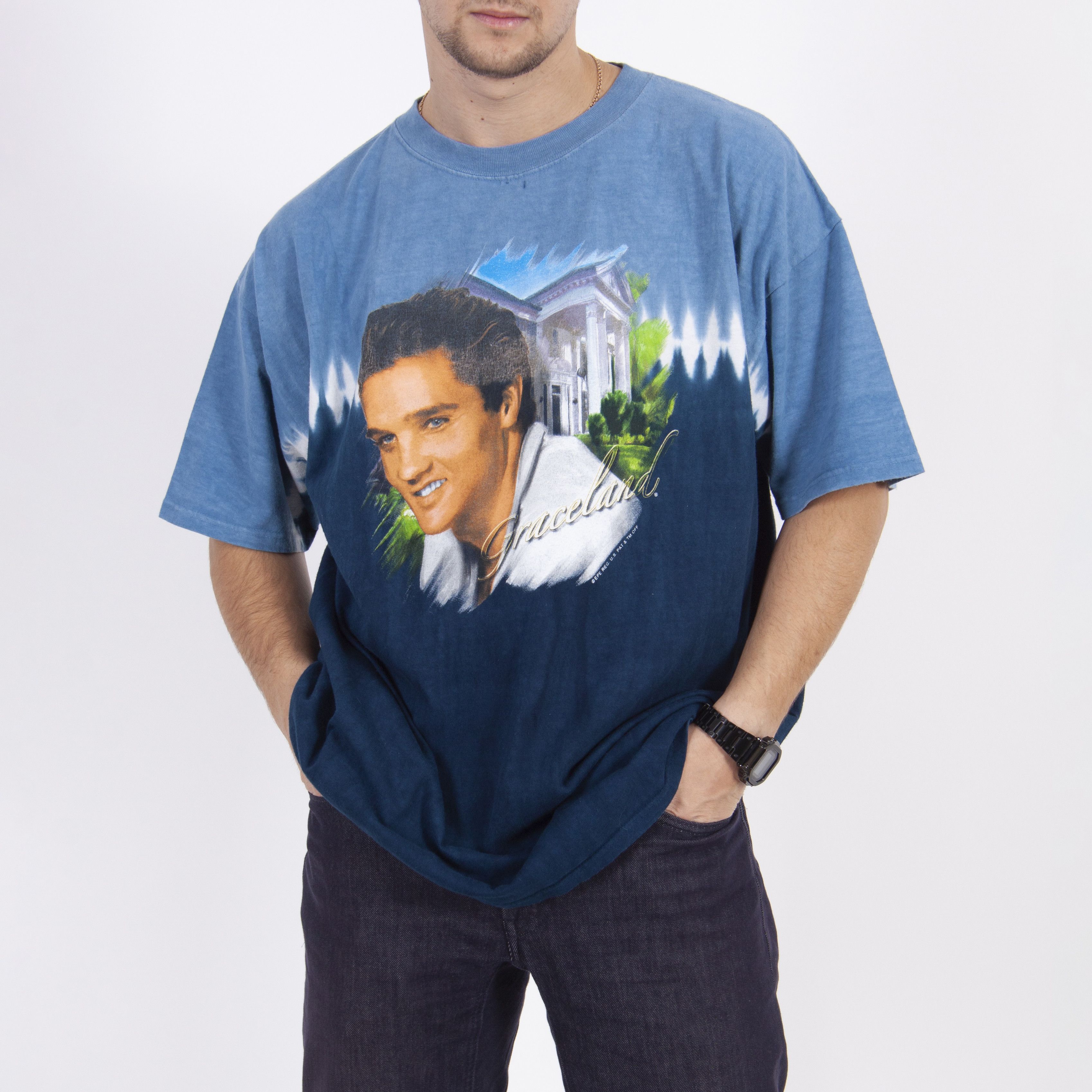 Band Tees × Vintage Vintage 90s Elvis Presley Tee Blue Dye T-Shirt Size US XL / EU 56 / 4 - 1 Thumbnail