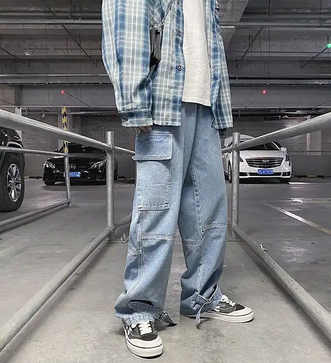 image of Distressed Denim x Jean Light Blue Cargo Jeans Wide Leg Denim Loose Straight Baggy, Men's (Size 31)