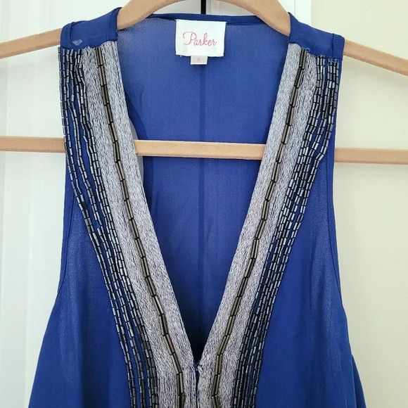 Parker Blue Beaded V-Neck Racerback Silk Sleeveless Blouse Boho Size S / US 4 / IT 40 - 5 Thumbnail