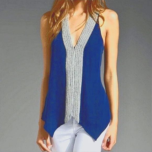 Parker Blue Beaded V-Neck Racerback Silk Sleeveless Blouse Boho Size S / US 4 / IT 40 - 2 Thumbnail