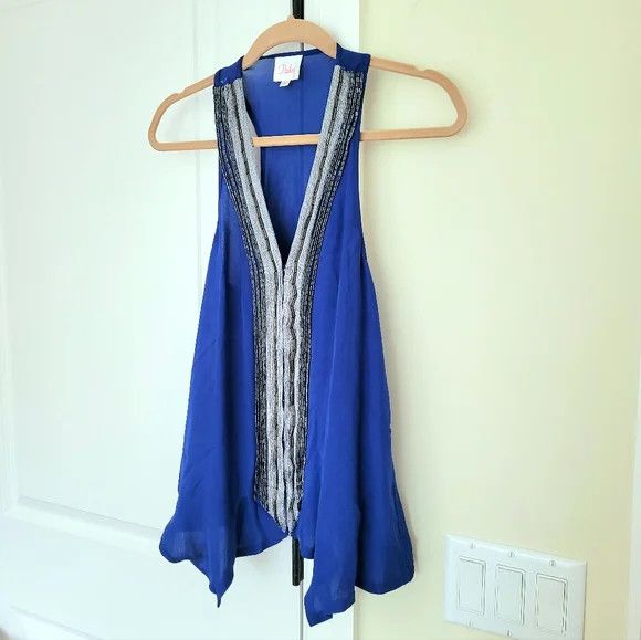 Parker Blue Beaded V-Neck Racerback Silk Sleeveless Blouse Boho Size S / US 4 / IT 40 - 4 Thumbnail