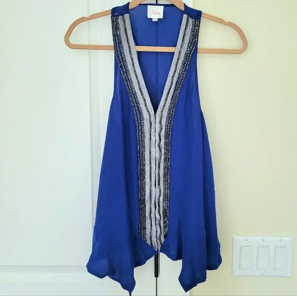 Parker Blue Beaded V-Neck Racerback Silk Sleeveless Blouse Boho Size S / US 4 / IT 40 - 3 Thumbnail