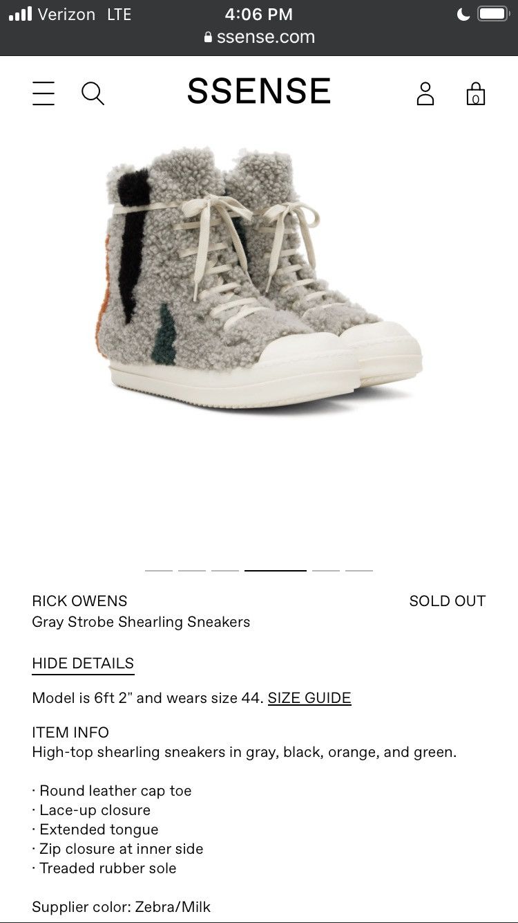 Rick Owens MAINLINE PEARL / MILK SHEARLING STROBE 43 10US GRAY Size US 10 / EU 43 - 9 Thumbnail