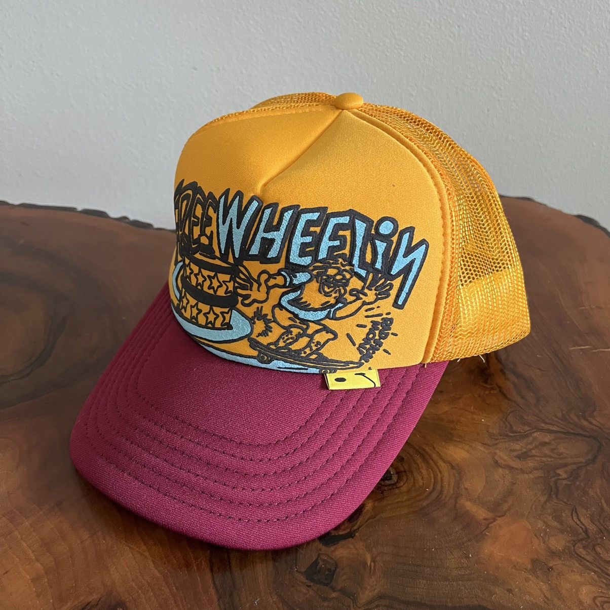 image of Kapital x Kapital Kountry Trucker Hat Free Wheelin’ in Gold/Burgundy, Men's