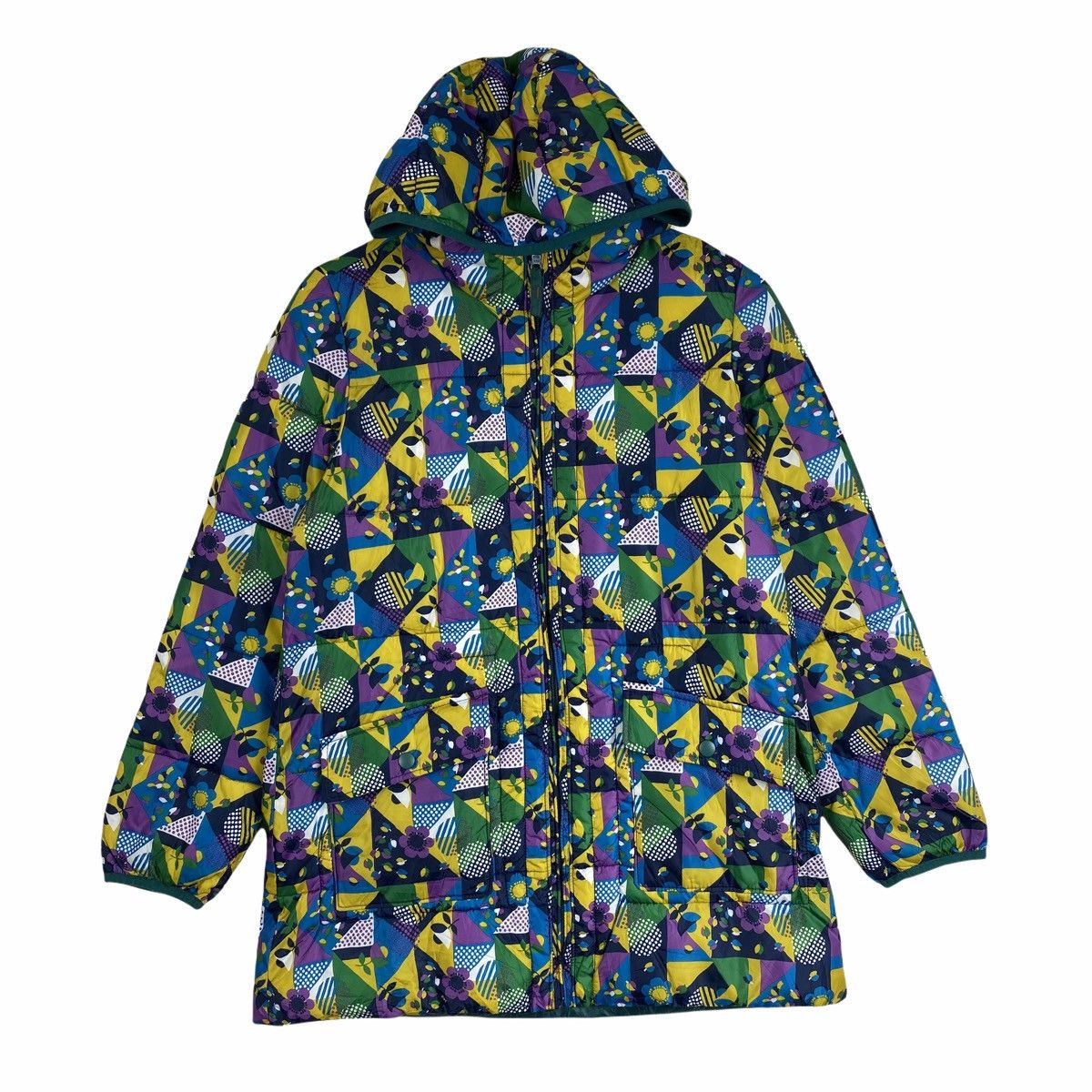 image of Vintage Cube Sugar Motif Flower Design Quilted Hoodie Jacket in Green, Men's (Size Medium)