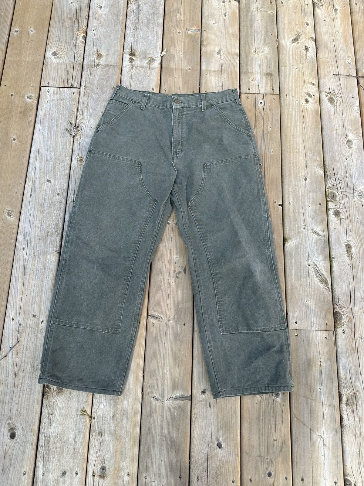 RARE Faded Carhartt Double Knee Carpenter Pants Grey Green