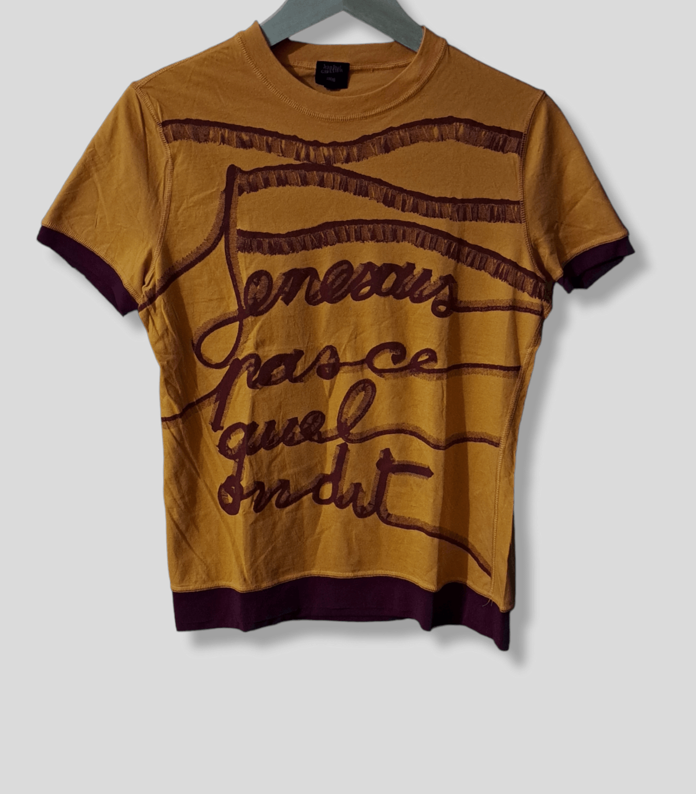 T-shirt Jean-Paul Gaultier Manches Courtes Jaune Inscription Argentée - Taille S - Neuf Vintage
