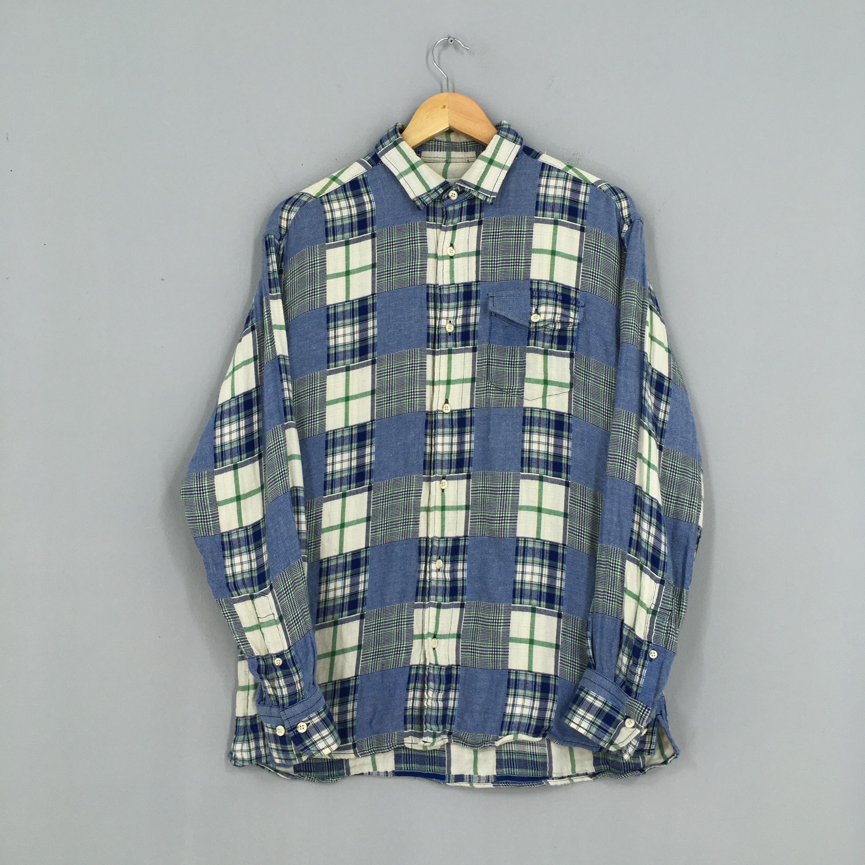 image of Patchwork Checkered Boro Flannel Shirt Medium, Men's