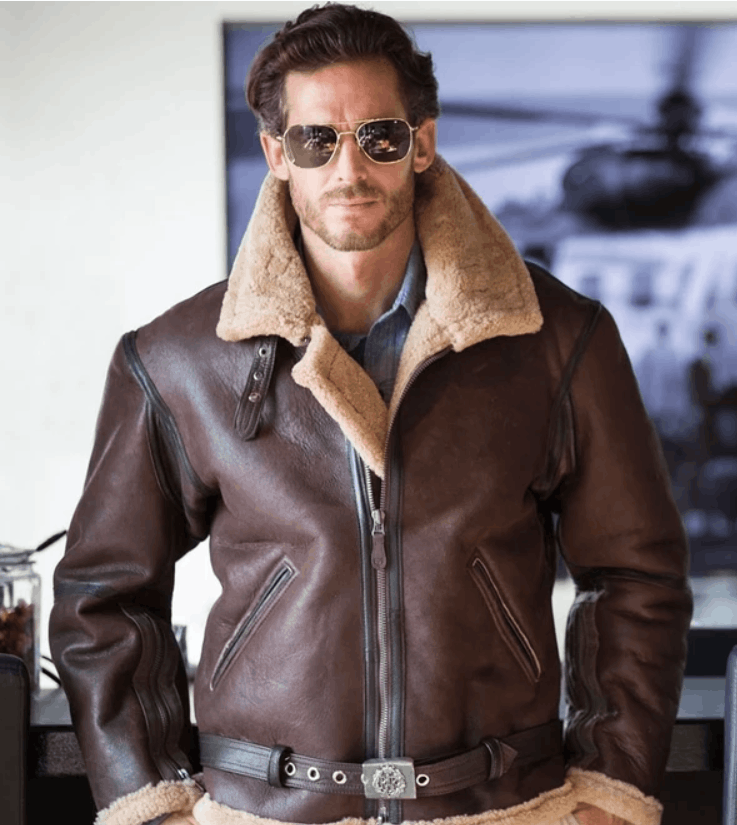 image of B 3 x Military VTG Shearling Military Jacket B3 Heavy Jacket Coat in Dark Brown, Men's (Size Medium