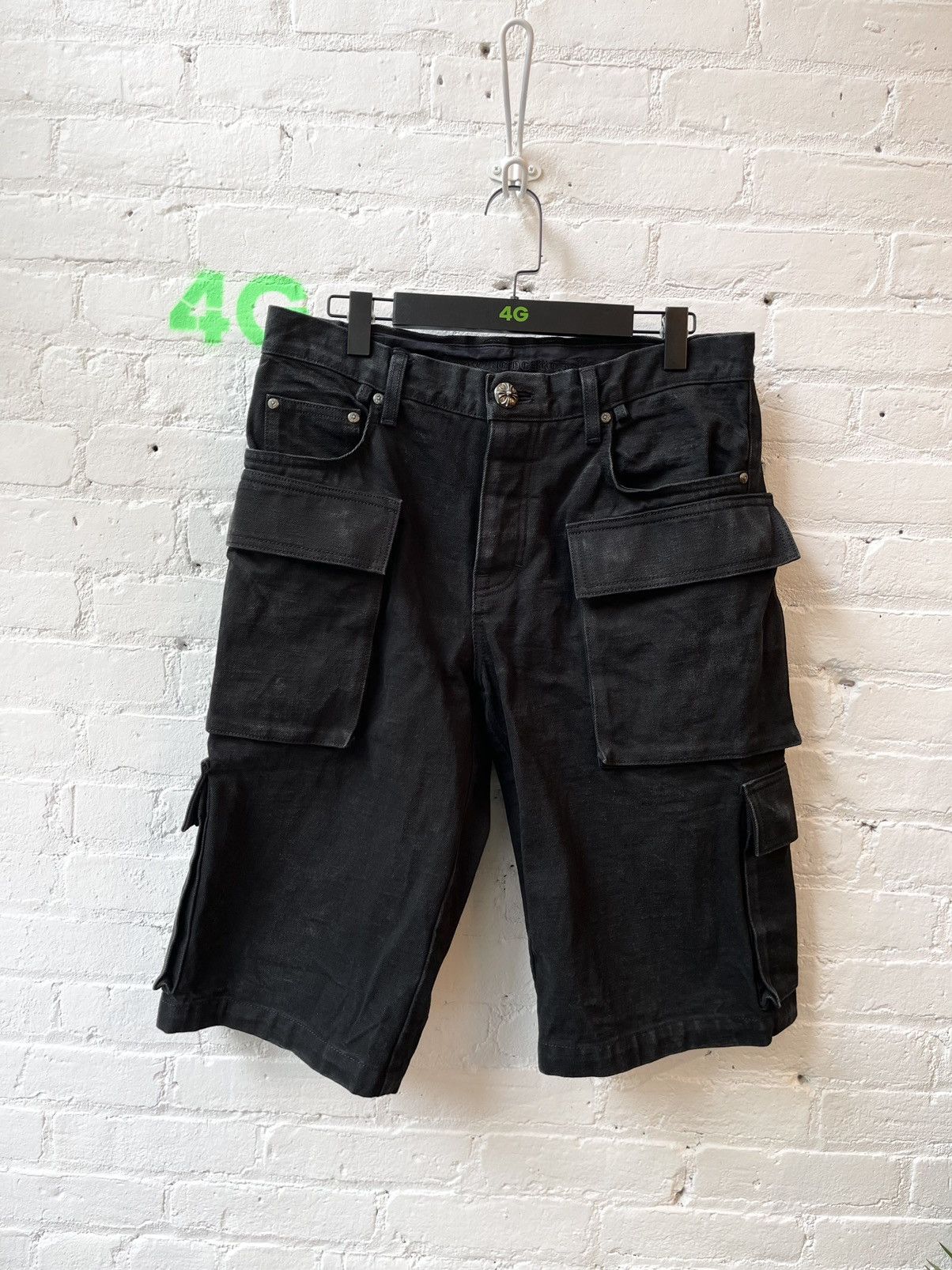 Pre-owned Chrome Hearts Double Cargo Fatigue Denim Jean Shorts Size 34 In Black