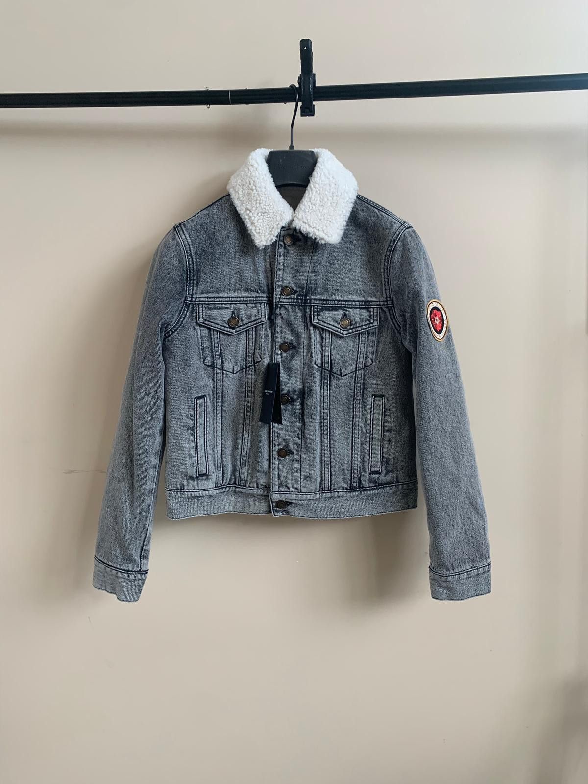 image of Saint Laurent Paris Denim Shearling Trucker In Light Black, Men's (Size XS)