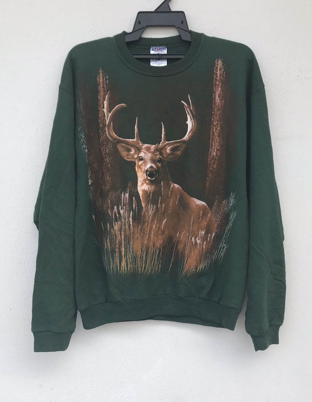 image of Animal Tee x Jerzees Vintage 90's Deer Animal Sweater Big Print Nice Design in Green (Size Medium)
