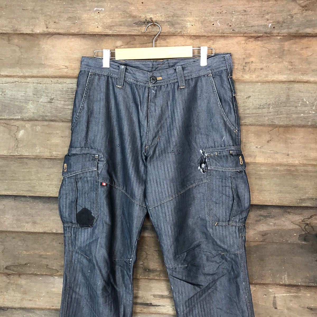Japanese Brand Burtle Dark blue dirty multi pocket Cargo Pants #6907 Size US 32 / EU 48 - 2 Thumbnail
