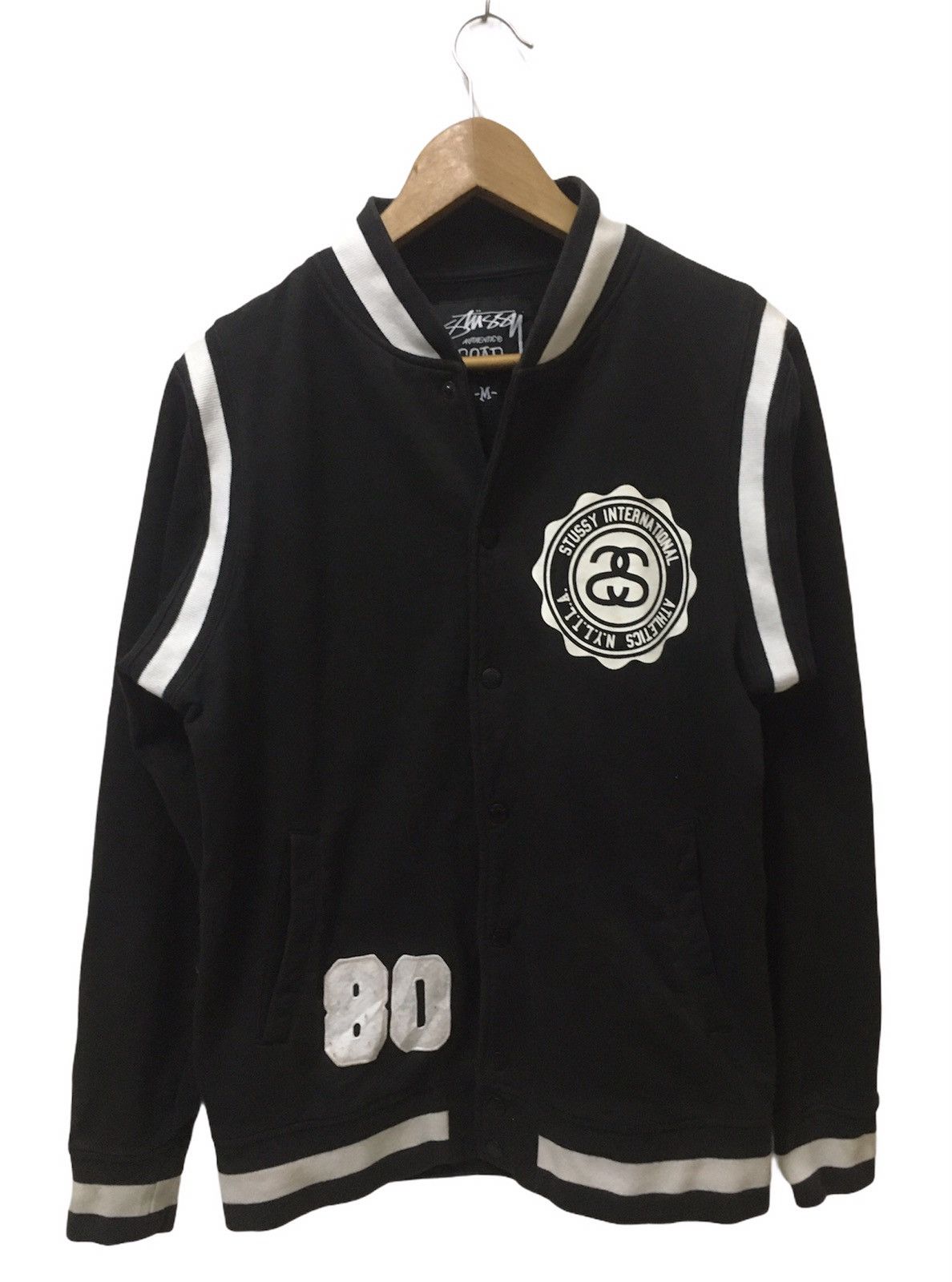 image of Vintage Stussy International Varsity Jacket Bomber in Black, Men's (Size Medium)