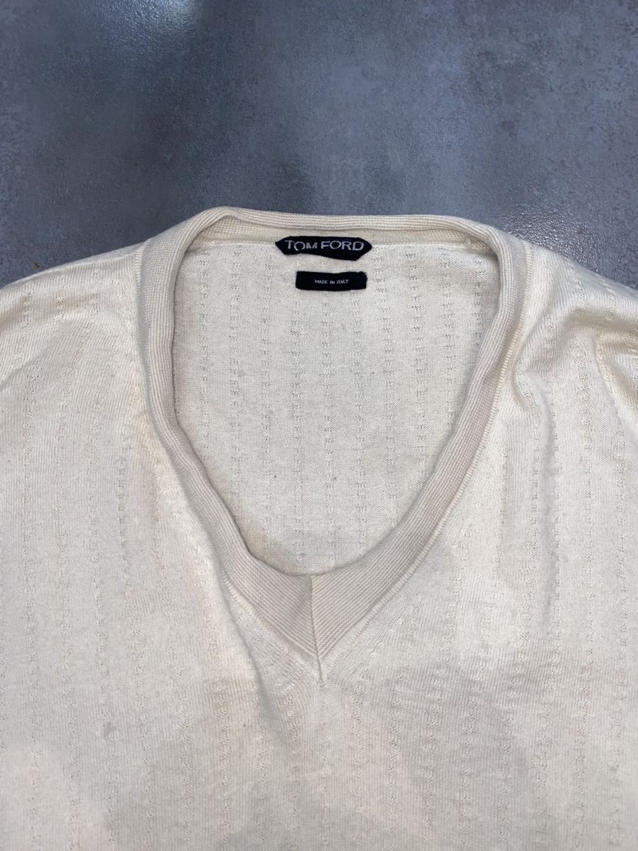 Tom Ford Tom Ford Cream White Striped Cashmere V-Neck Sweater Size US XL / EU 56 / 4 - 11 Thumbnail
