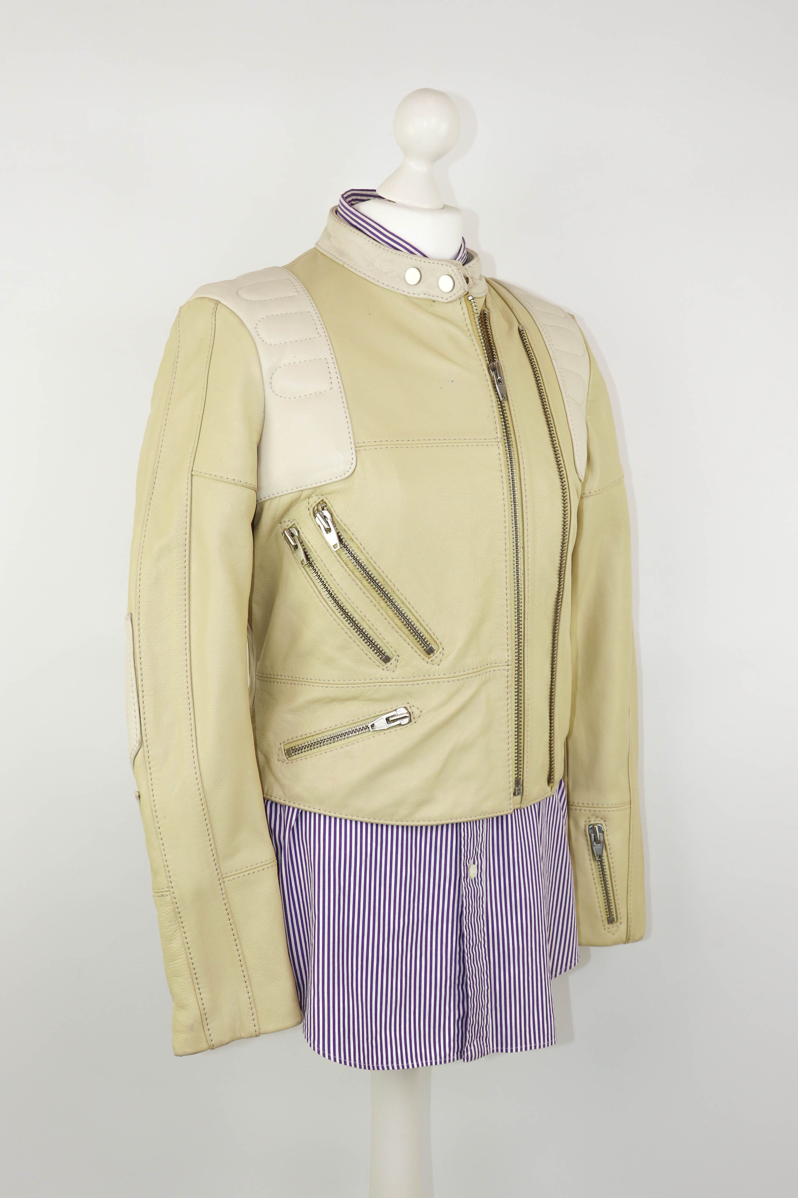 H&M H&M Studio S/S 2016 Women's Cream Beige Leather Biker Jacket Size M / US 6-8 / IT 42-44 - 4 Thumbnail