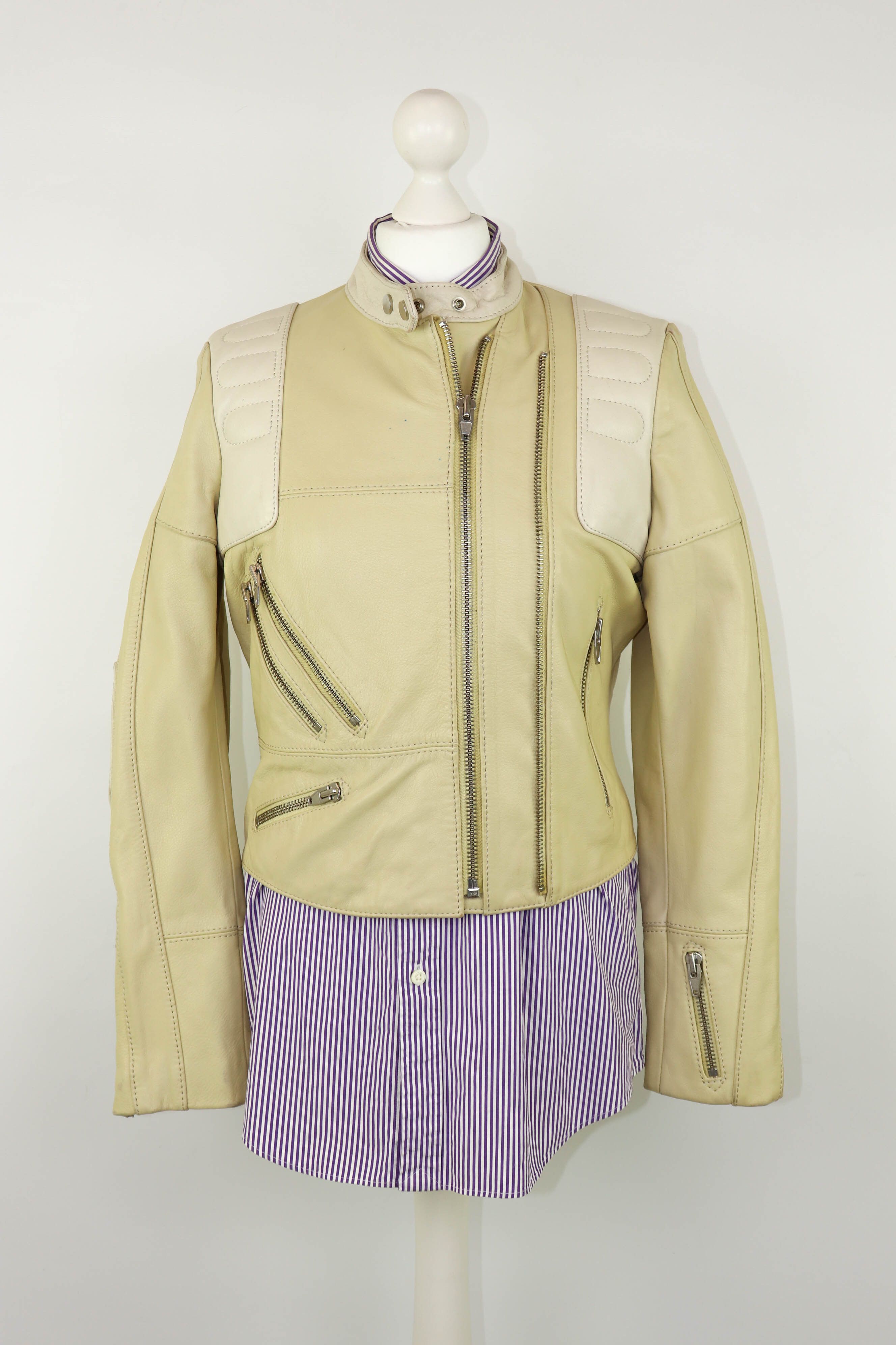 H&M H&M Studio S/S 2016 Women's Cream Beige Leather Biker Jacket Size M / US 6-8 / IT 42-44 - 3 Thumbnail