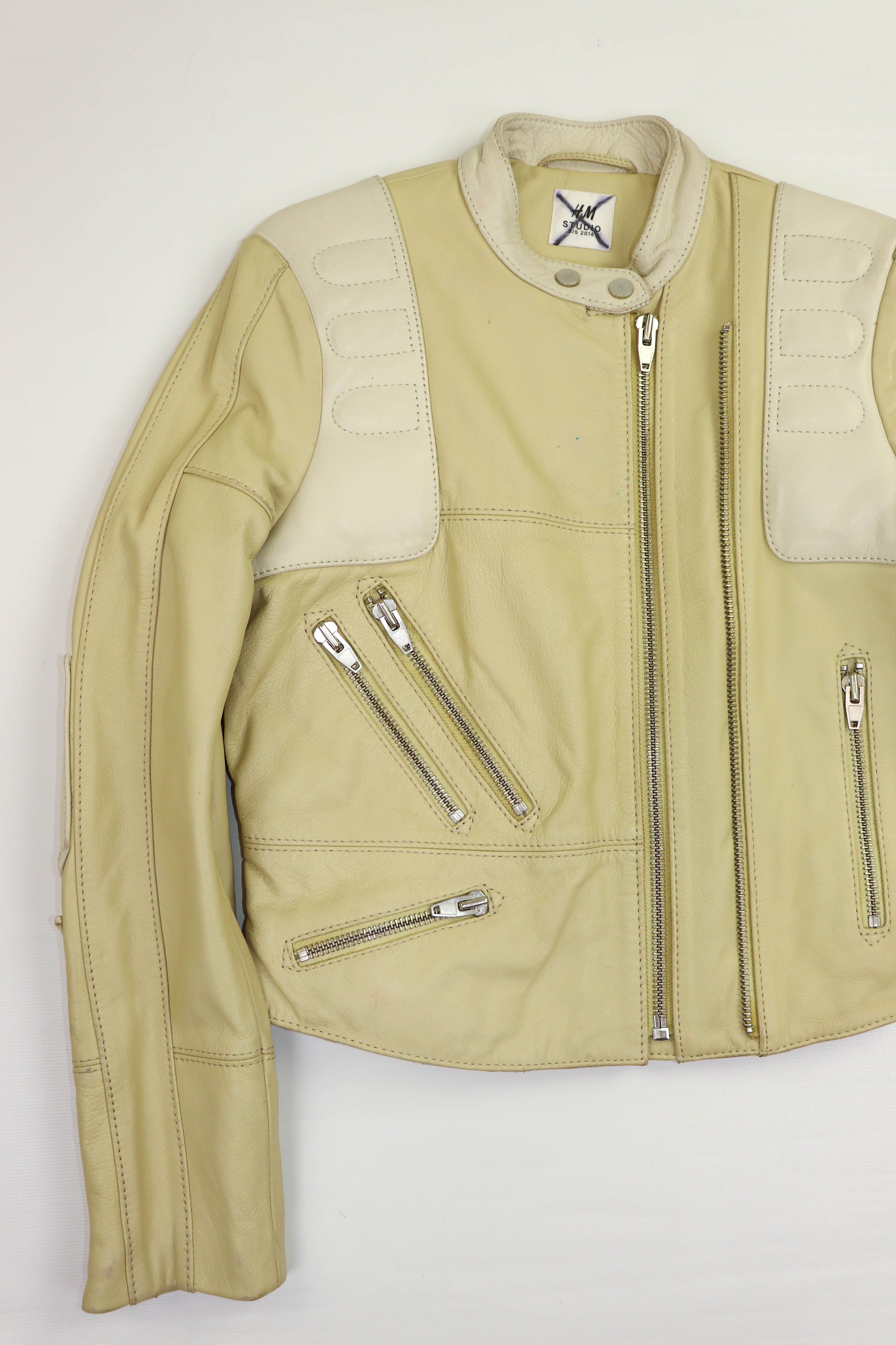 H&M H&M Studio S/S 2016 Women's Cream Beige Leather Biker Jacket Size M / US 6-8 / IT 42-44 - 7 Thumbnail