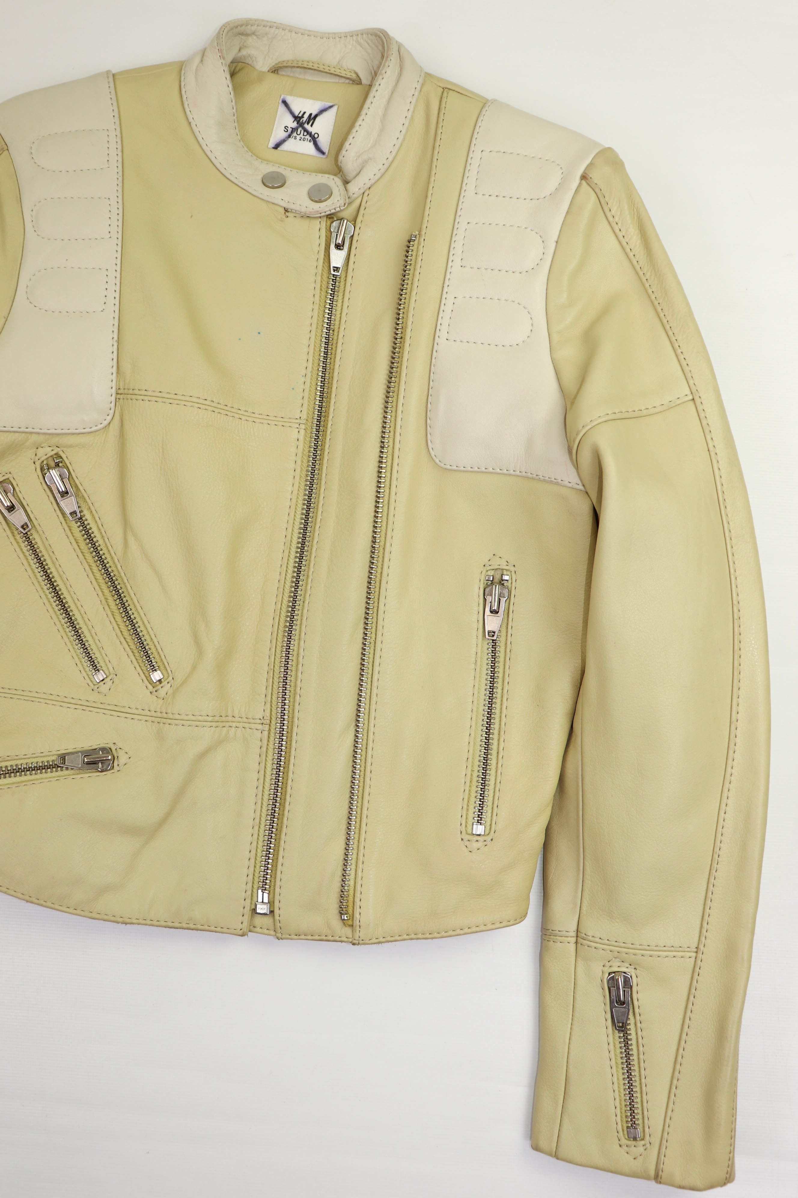 H&M H&M Studio S/S 2016 Women's Cream Beige Leather Biker Jacket Size M / US 6-8 / IT 42-44 - 8 Thumbnail