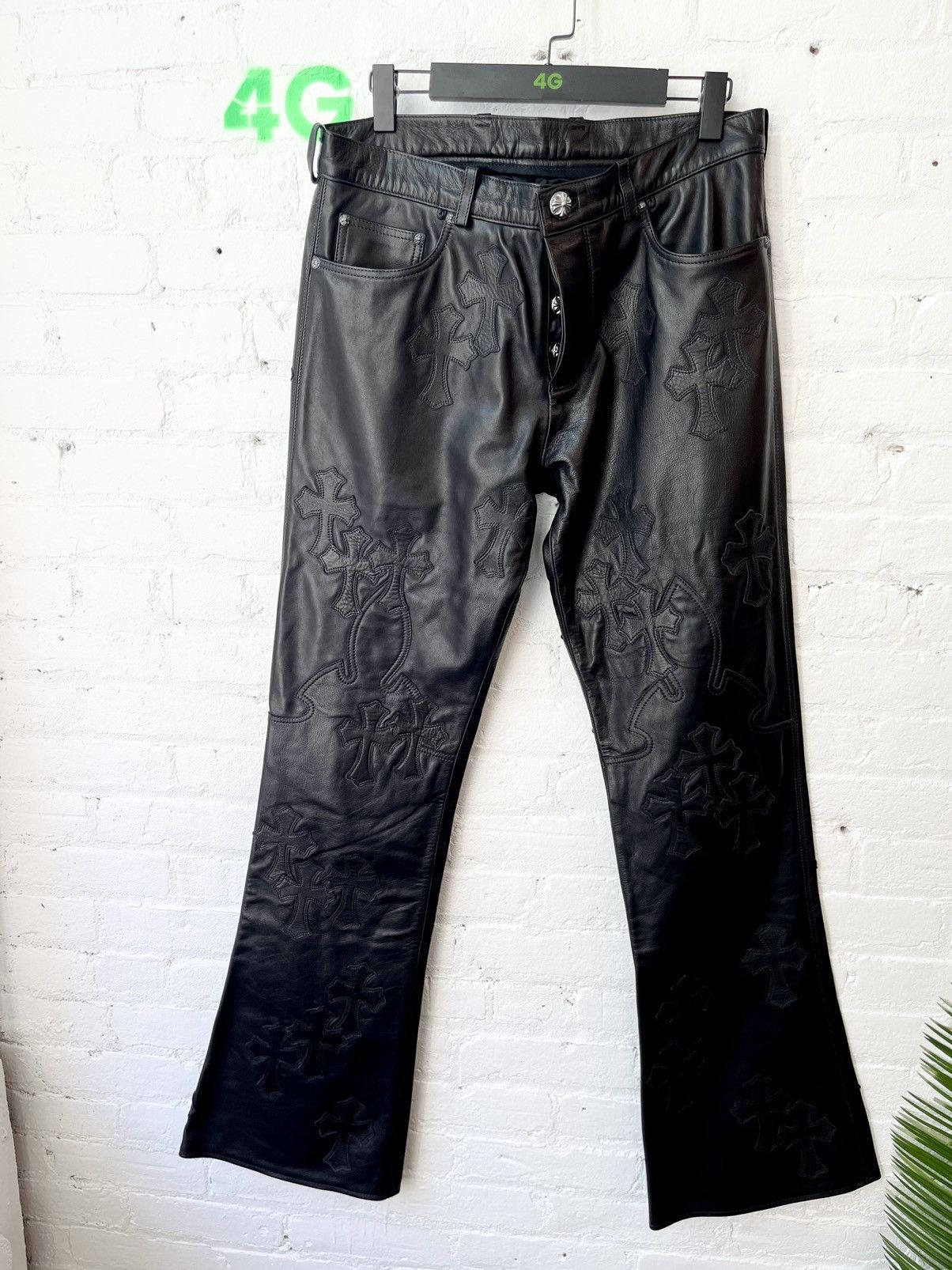 image of Chrome Hearts 70 Patch Black Leather Jeans Pants Size 34 New, Men's