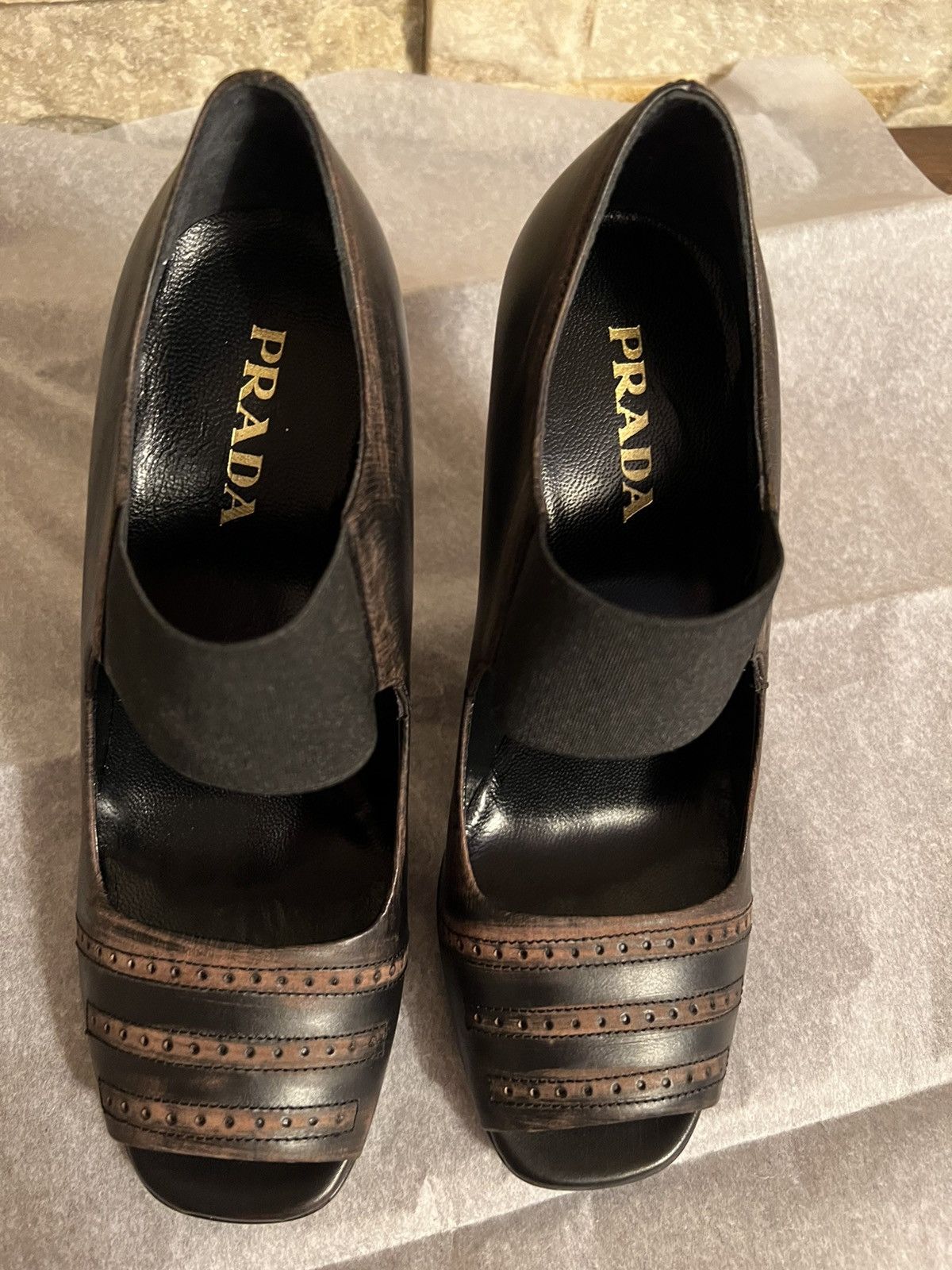 PRADA BLACK/BROWN OPEN TOE LEATHER SHOES ITALY SIZE 37 US 7