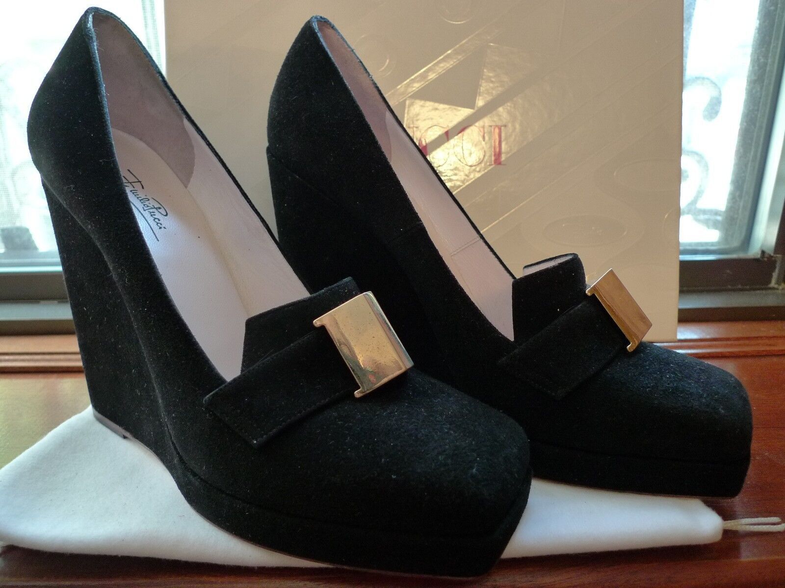 image of Emilio Pucci Black Suede Platform Wedges Italy Size 38 / 8 Shoes, Women's