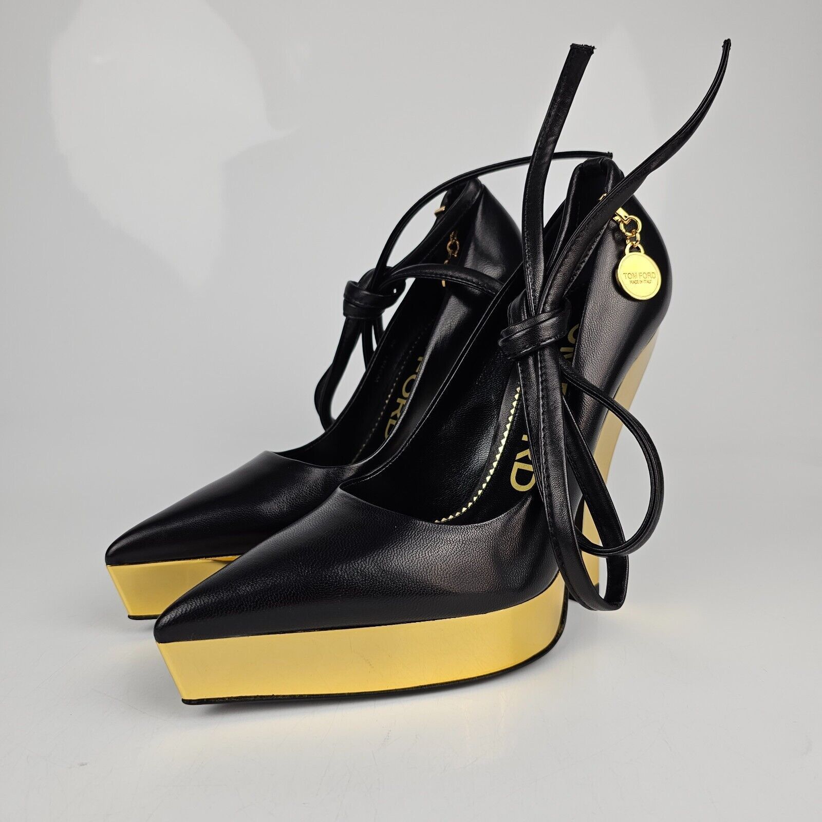 Tom Ford Scoop Ankle 130mm Black/Gold Leather Pumps New