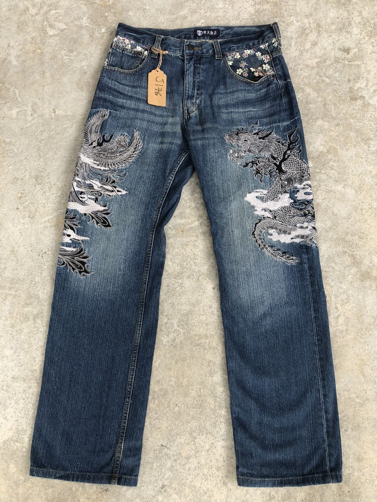 Japanese Brand Japanese Ruden Dragon Embroidered Jeans Distressed Jeans Size US 31 - 1 Thumbnail