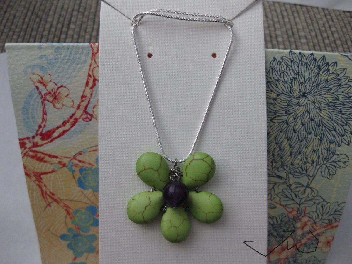 Handmade Green Turquoise Flower Necklace with Amethyst Bead Size ONE SIZE - 1 Thumbnail