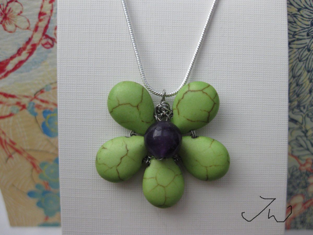 Handmade Green Turquoise Flower Necklace with Amethyst Bead Size ONE SIZE - 4 Thumbnail