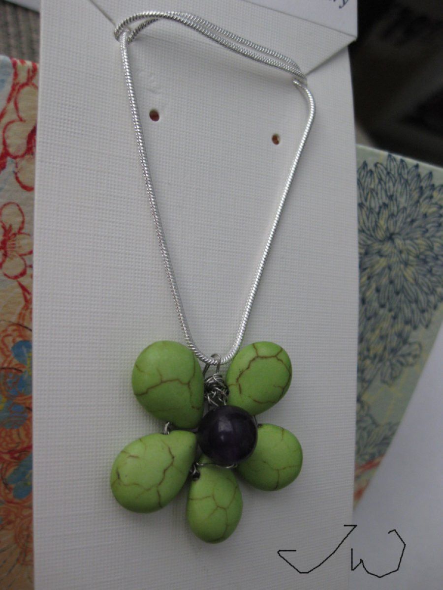 Handmade Green Turquoise Flower Necklace with Amethyst Bead Size ONE SIZE - 3 Thumbnail