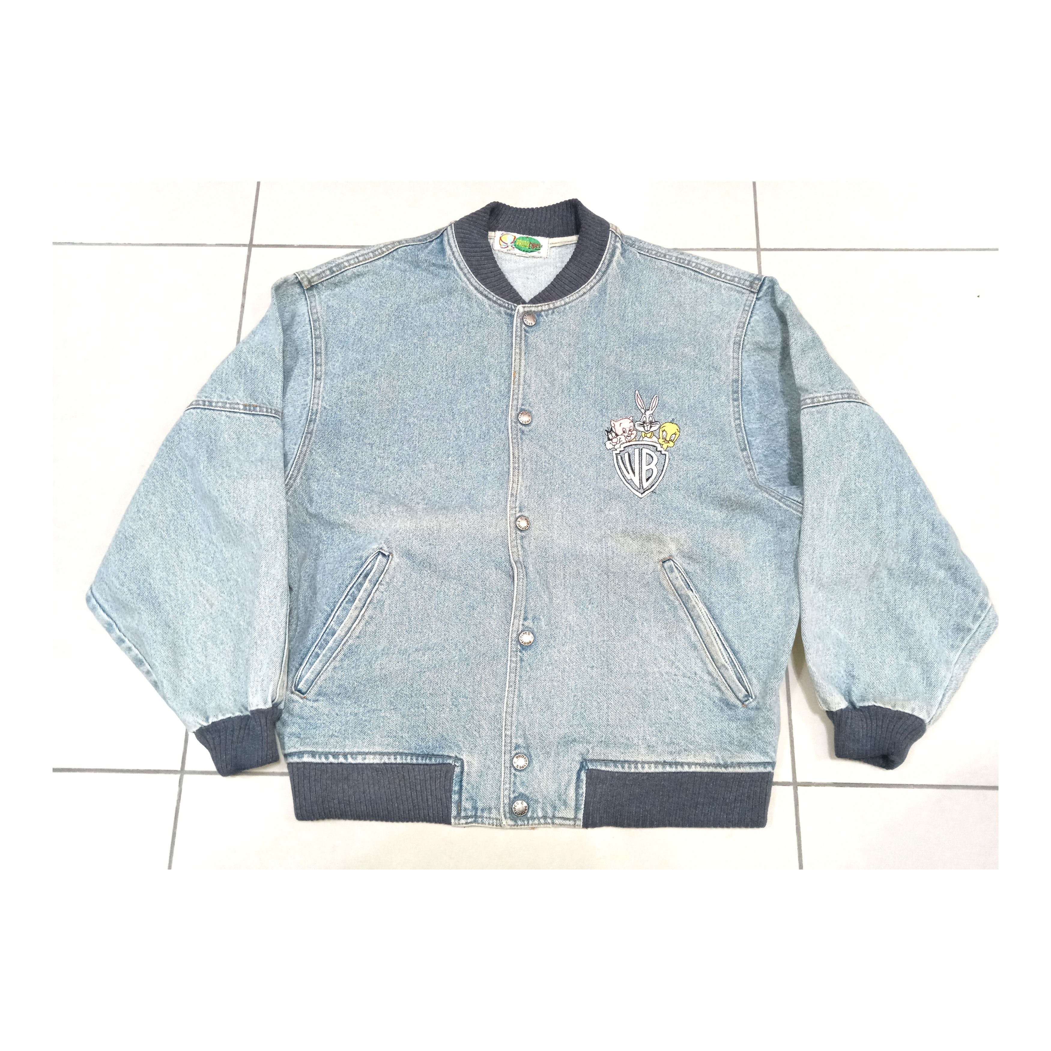 Vintage Vintage 90s Warner Bros. Looney Tunes Denim Varsity Size US L / EU 52-54 / 3 - 1 Thumbnail