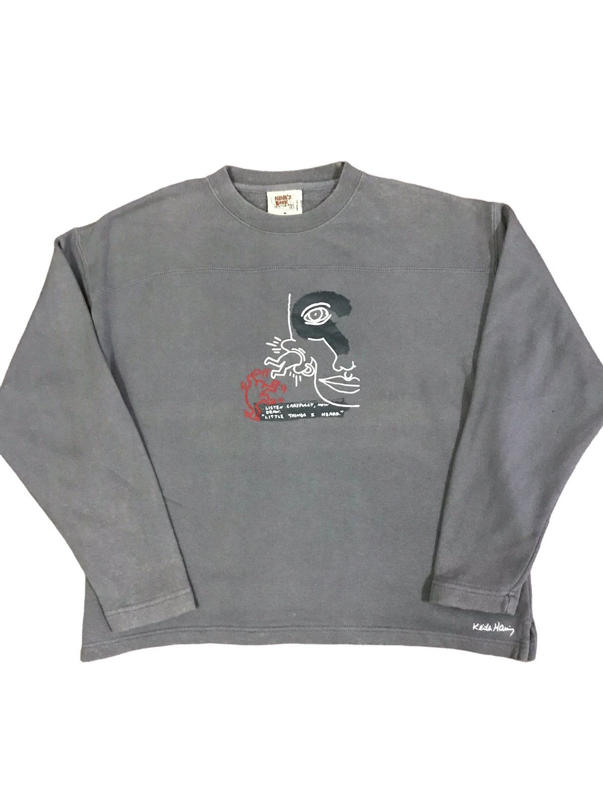 image of Vintage Sun Faded Keith Haring Sweatshirt in Grey, Men's (Size Small)