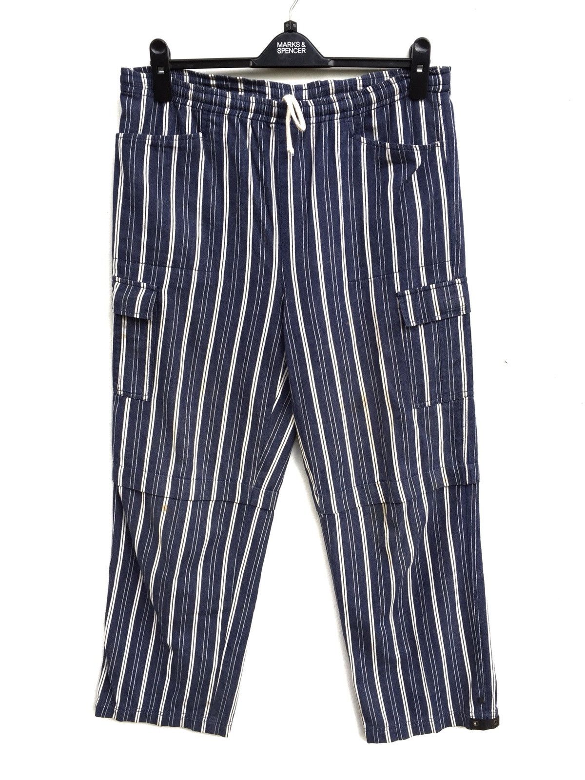 image of Indigo Heartcoil Drawstring Cargo Pants Minimalist in Striped, Men's (Size 32)
