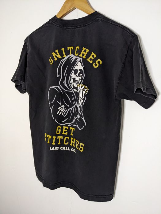 Skulls Last Call Co Tshirt Grim Reaper Skull Snitches Get Stitches