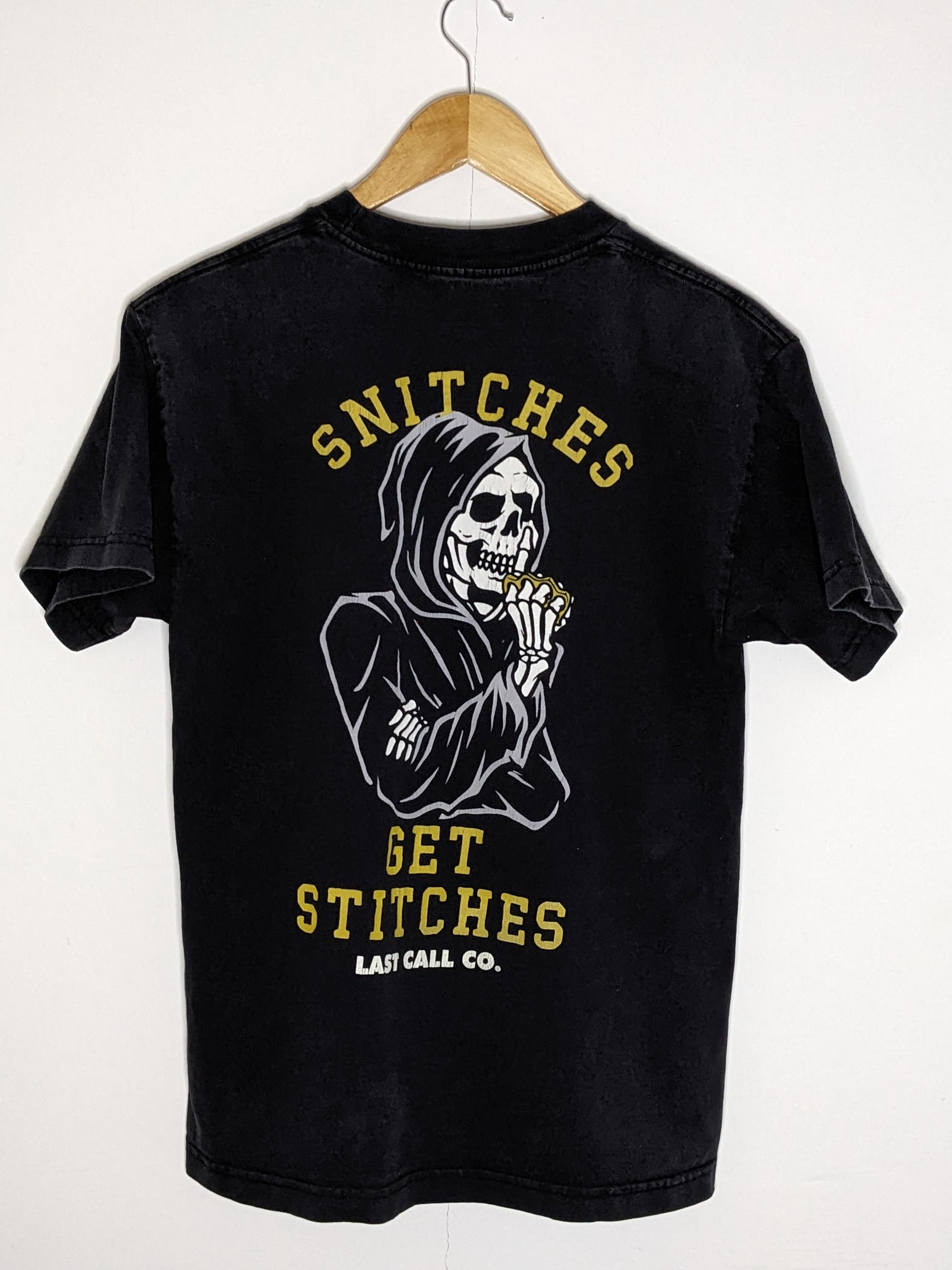 Skulls Last Call Co Tshirt Grim Reaper Skull Snitches Get Stitches