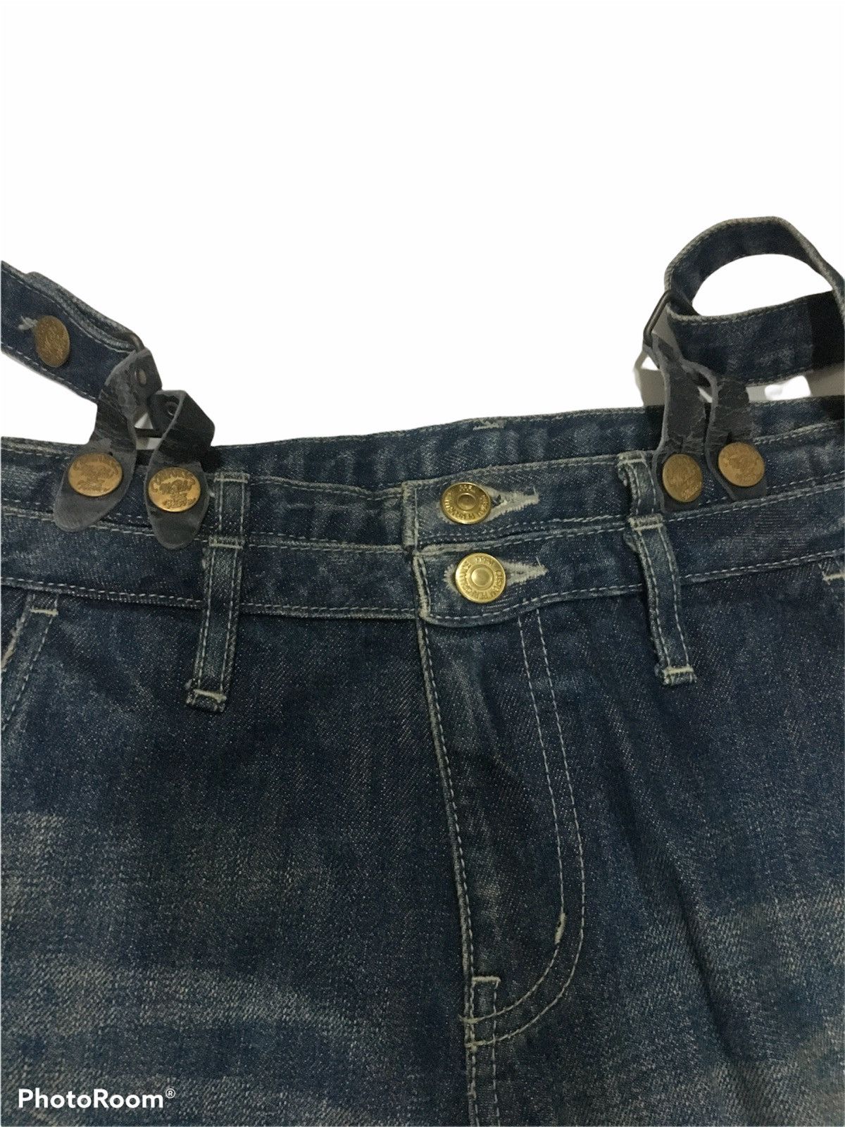 Japanese Brand THRASHED PPFM DOUBLE WAIST GOLD BUTTON CARPENTER DENIM Size US 34 / EU 50 - 3 Thumbnail