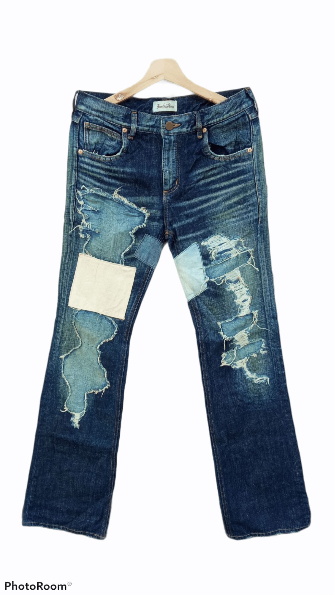 image of Distressed Denim x Vintage Bonds & Peace Patchwork Distressed Jeans Denim in Blue, Men's (Size 31)