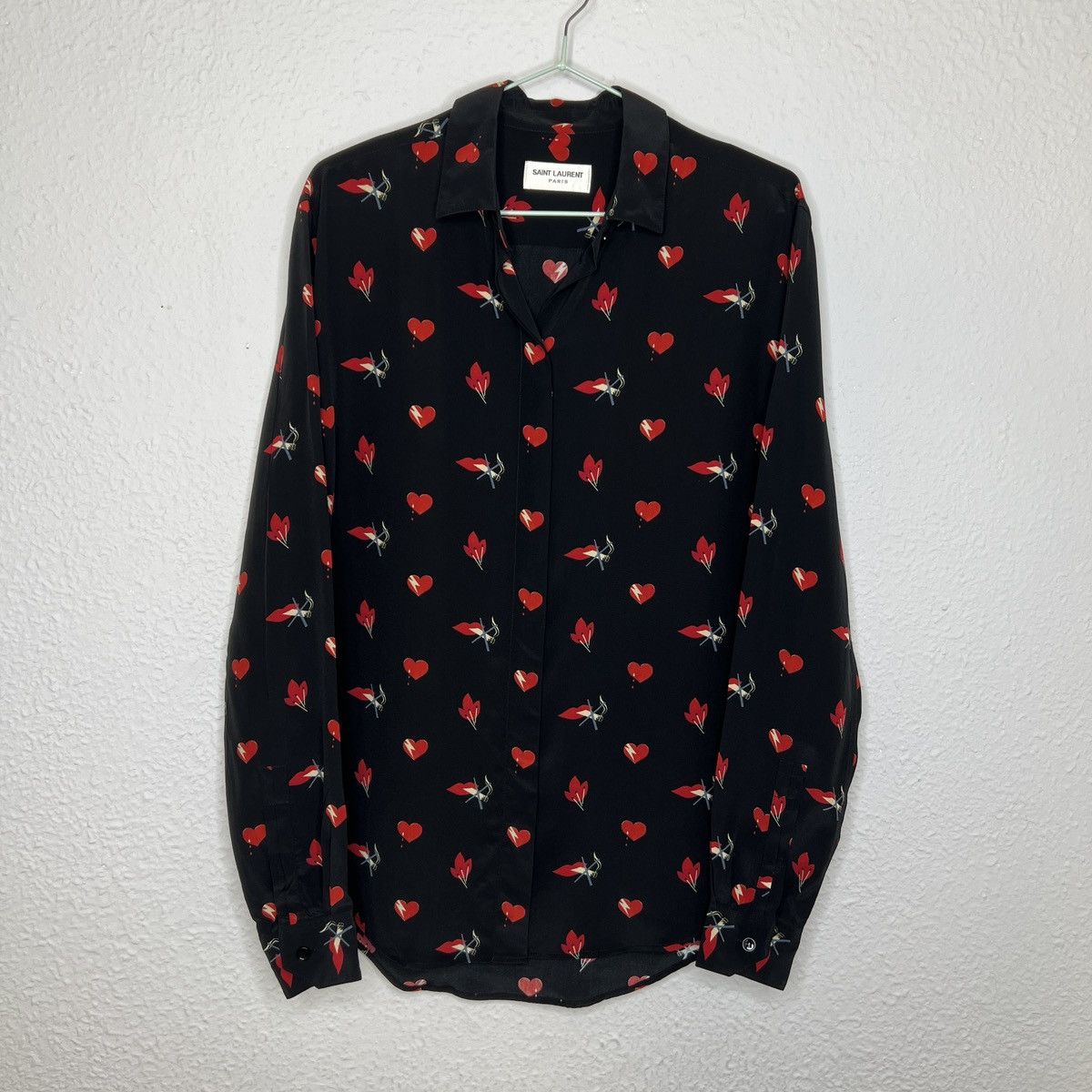 image of Avant Garde Saint Laurent Paris Smoking Lips Heart Print Shirt In Black, Men's (Size Small)