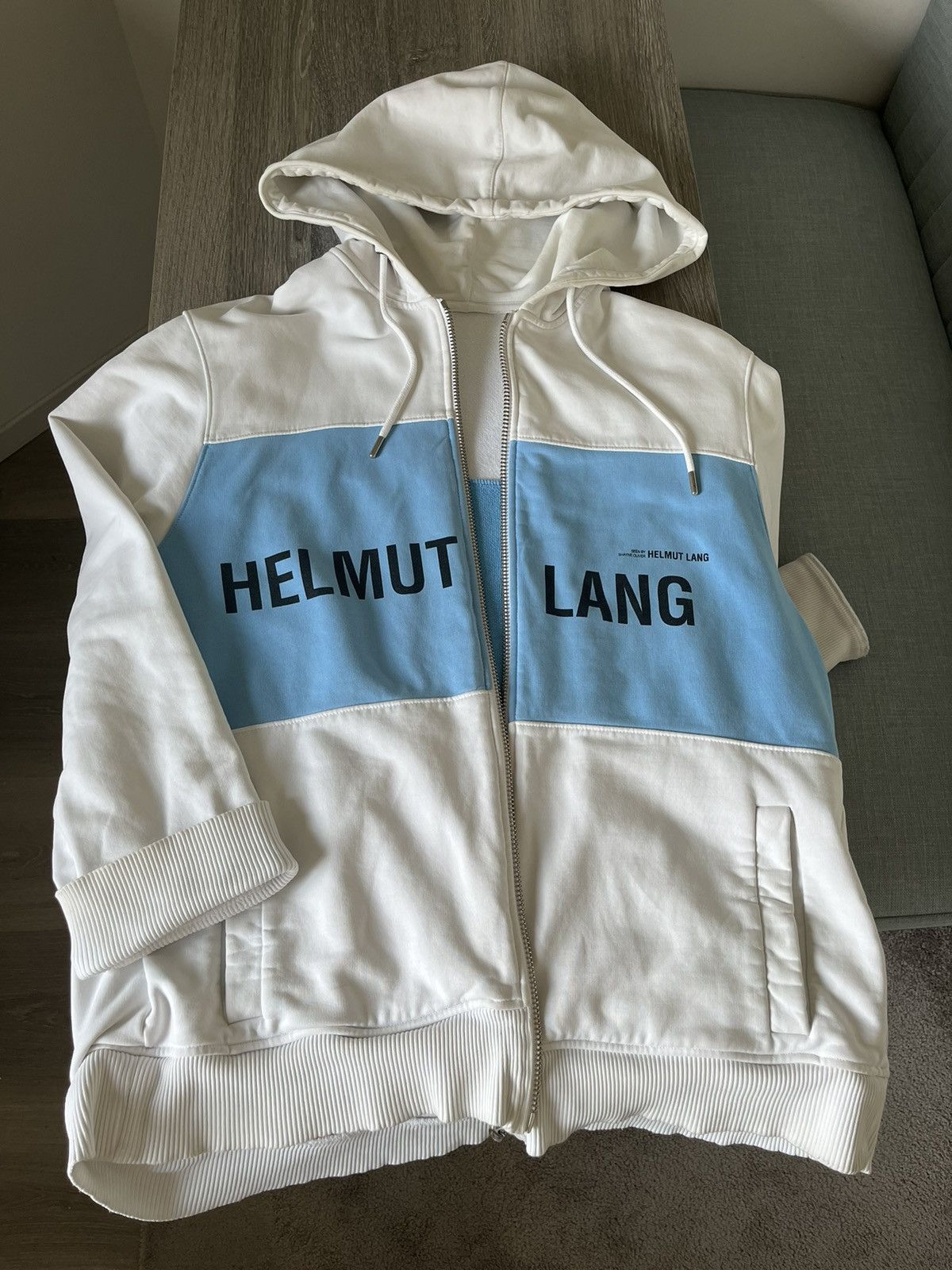 image of Vintage Helmut Lang Campaign Zip Up Blue/white, Men's (Size Large)