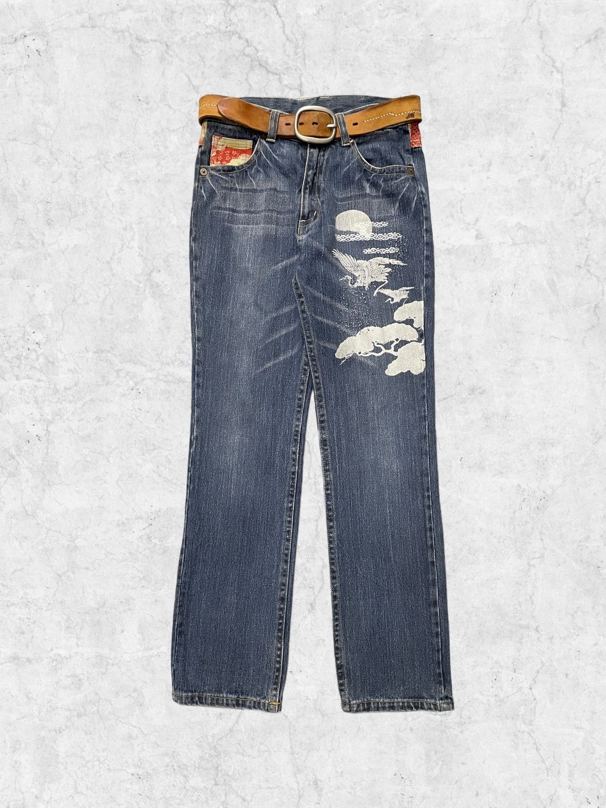 Japanese Brand × Vintage Vintage Karakuri Printed Jeans With Solid Leather Belt Size US 30 / EU 46 - 2 Thumbnail