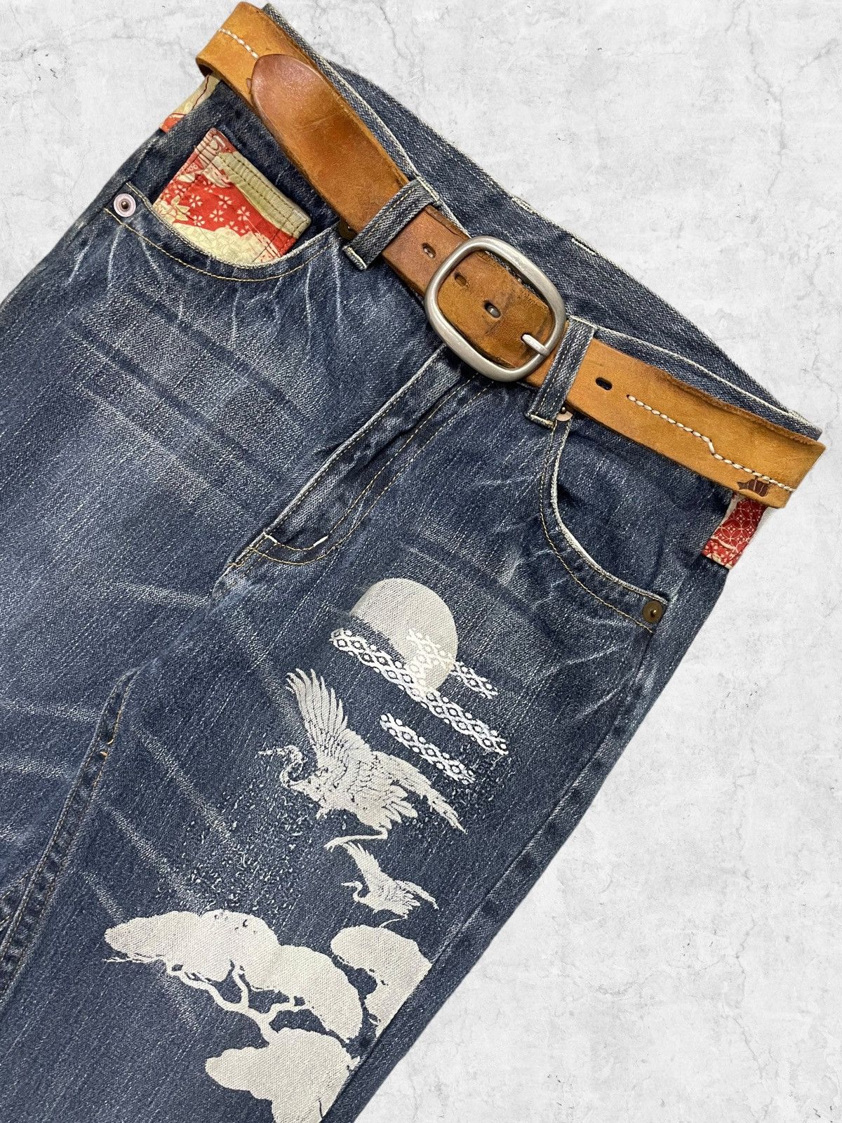 Japanese Brand × Vintage Vintage Karakuri Printed Jeans With Solid Leather Belt Size US 30 / EU 46 - 10 Thumbnail