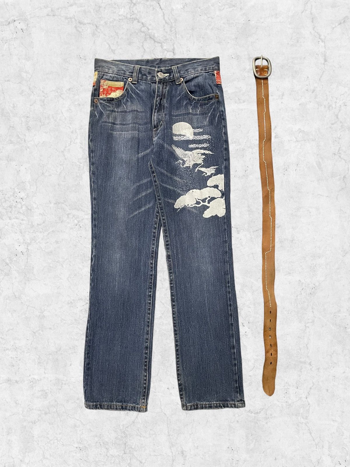 Japanese Brand × Vintage Vintage Karakuri Printed Jeans With Solid Leather Belt Size US 30 / EU 46 - 3 Thumbnail