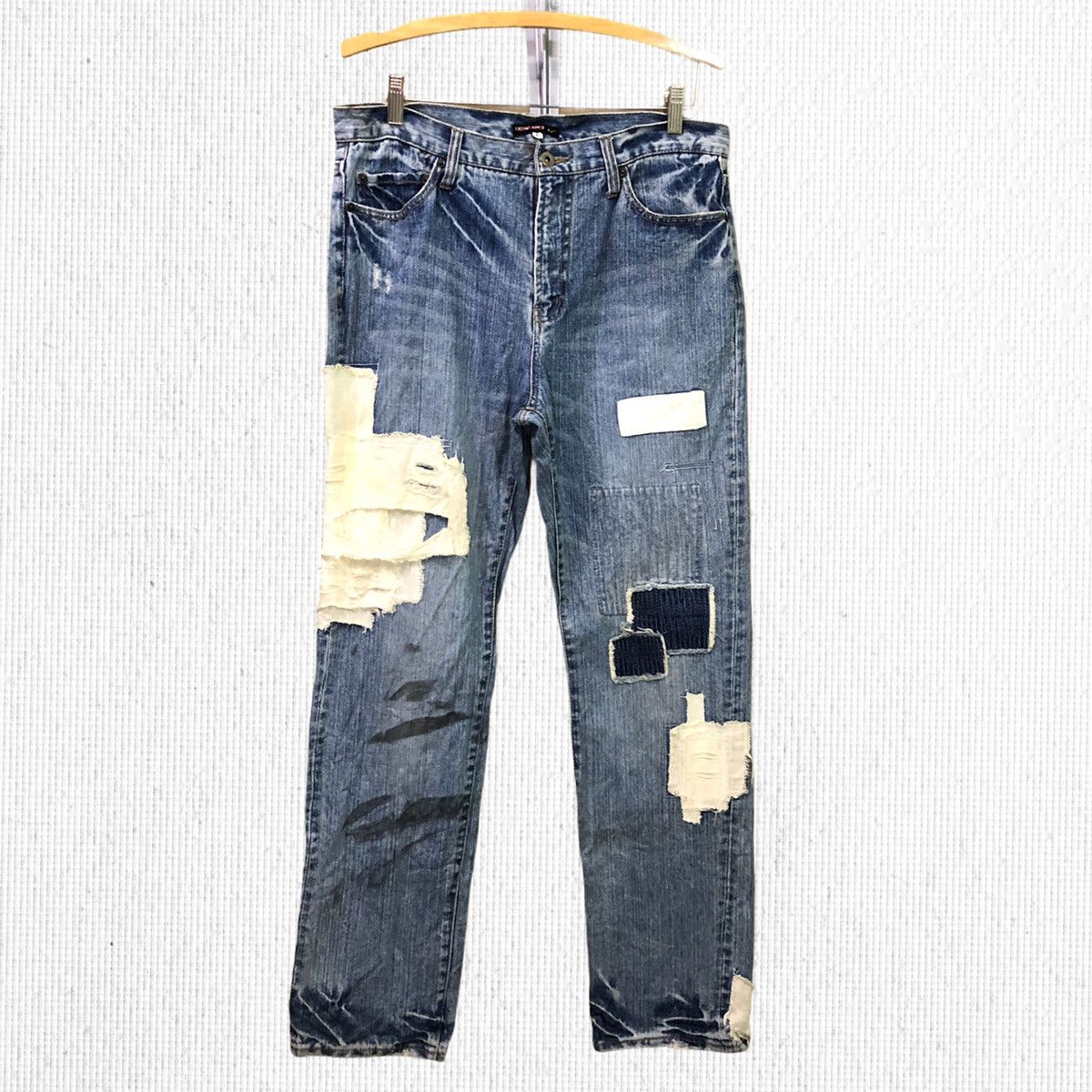 image of Distressed Denim Kapital Style Exhibitionist Patchwork Denim Jeans, Men's (Size 33)