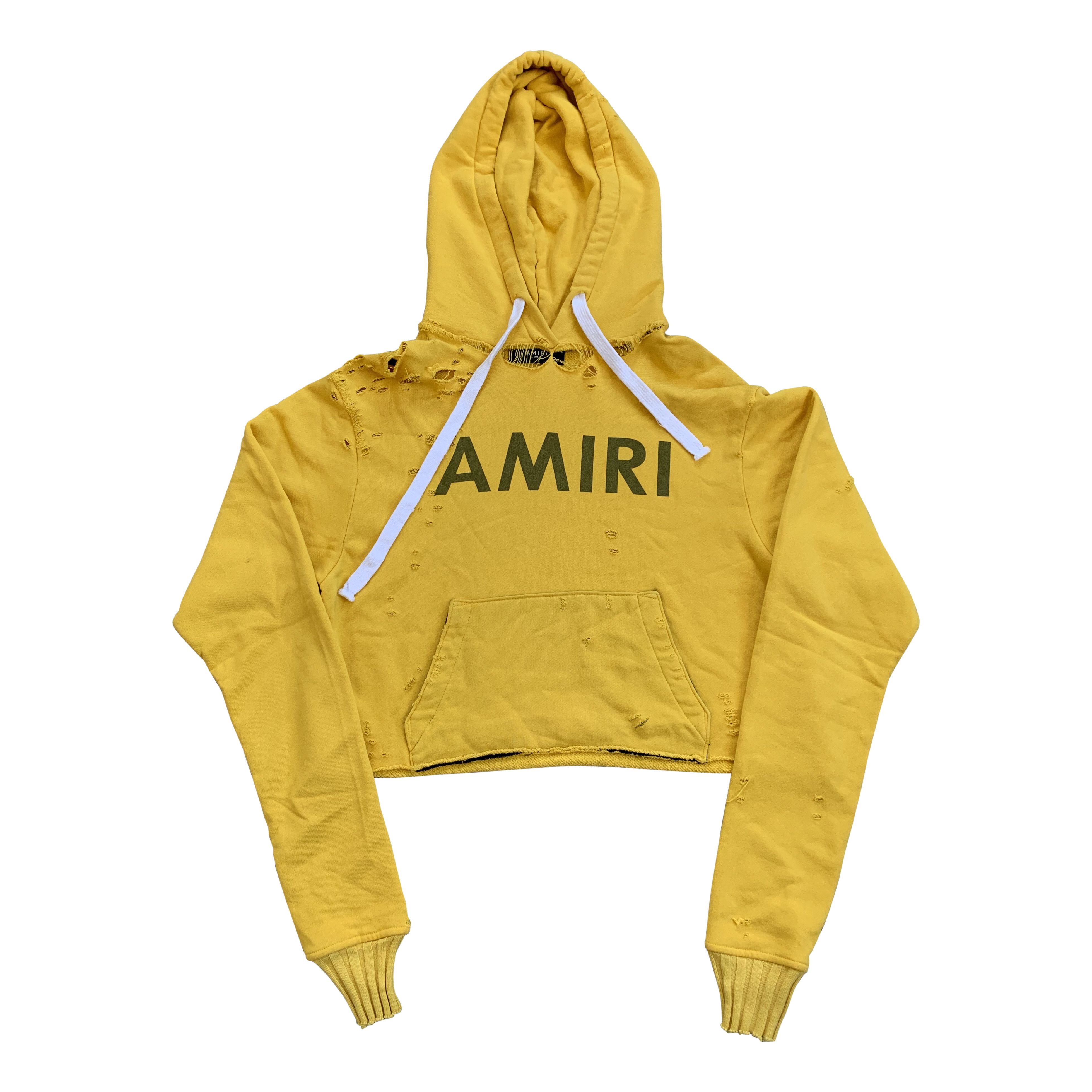 image of Amiri Distressed Cropped Logo Hoodie in Yellow, Women's (Size XS)